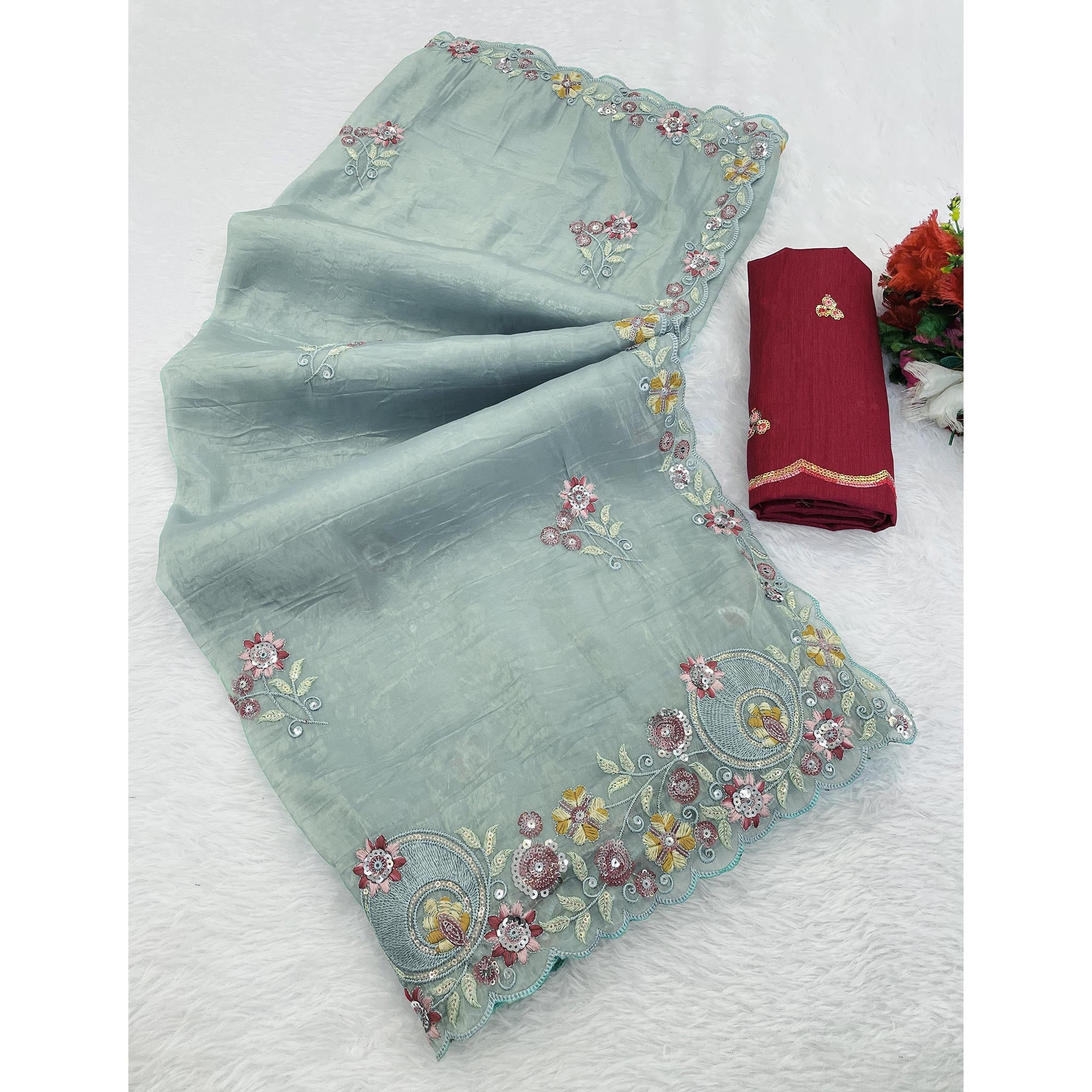 Turquoise Elegance Cotton Silk Saree with Floral Sequins Embroidery