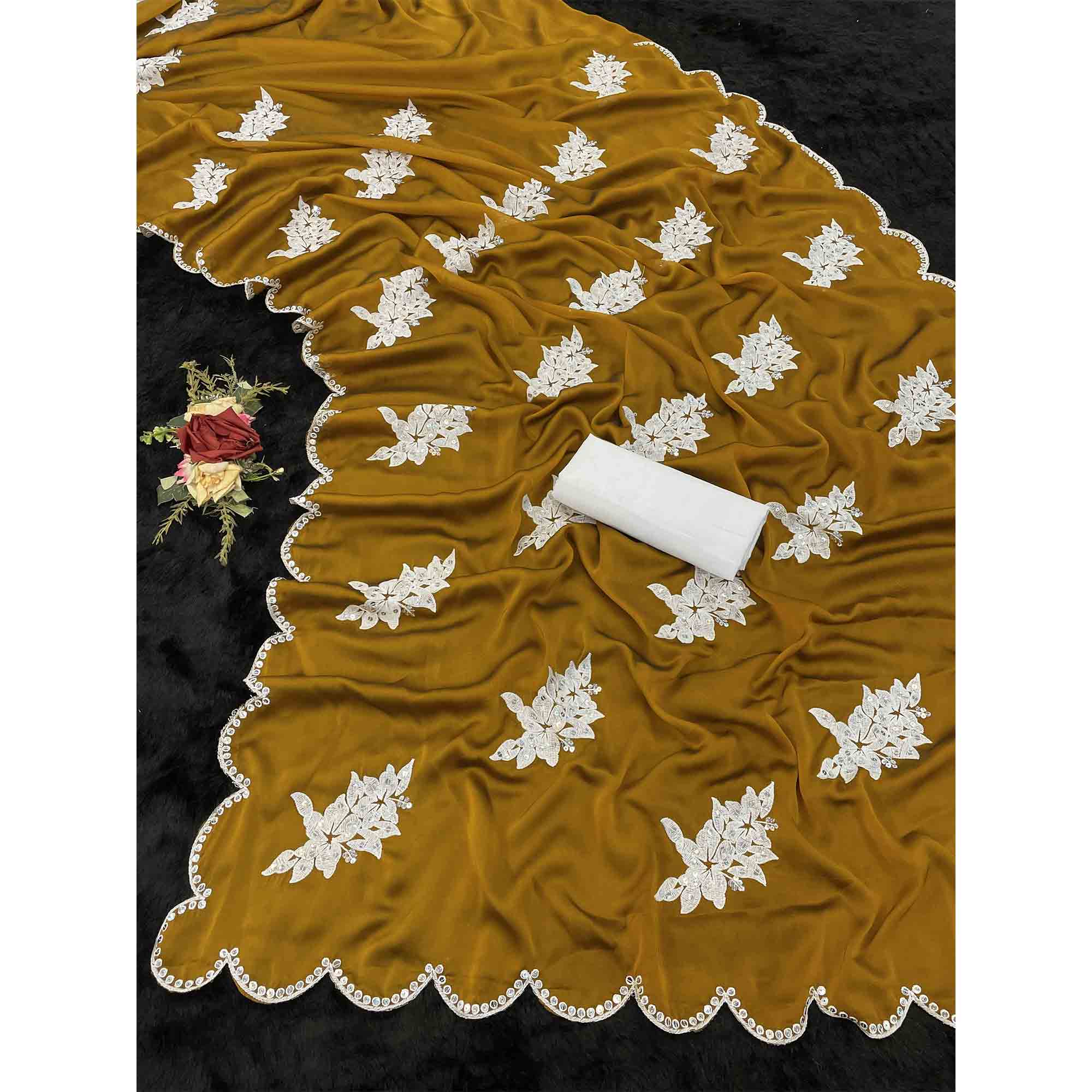 Mustard Silk Blend Saree with Embroidered Floral Design in Sequins & Thread