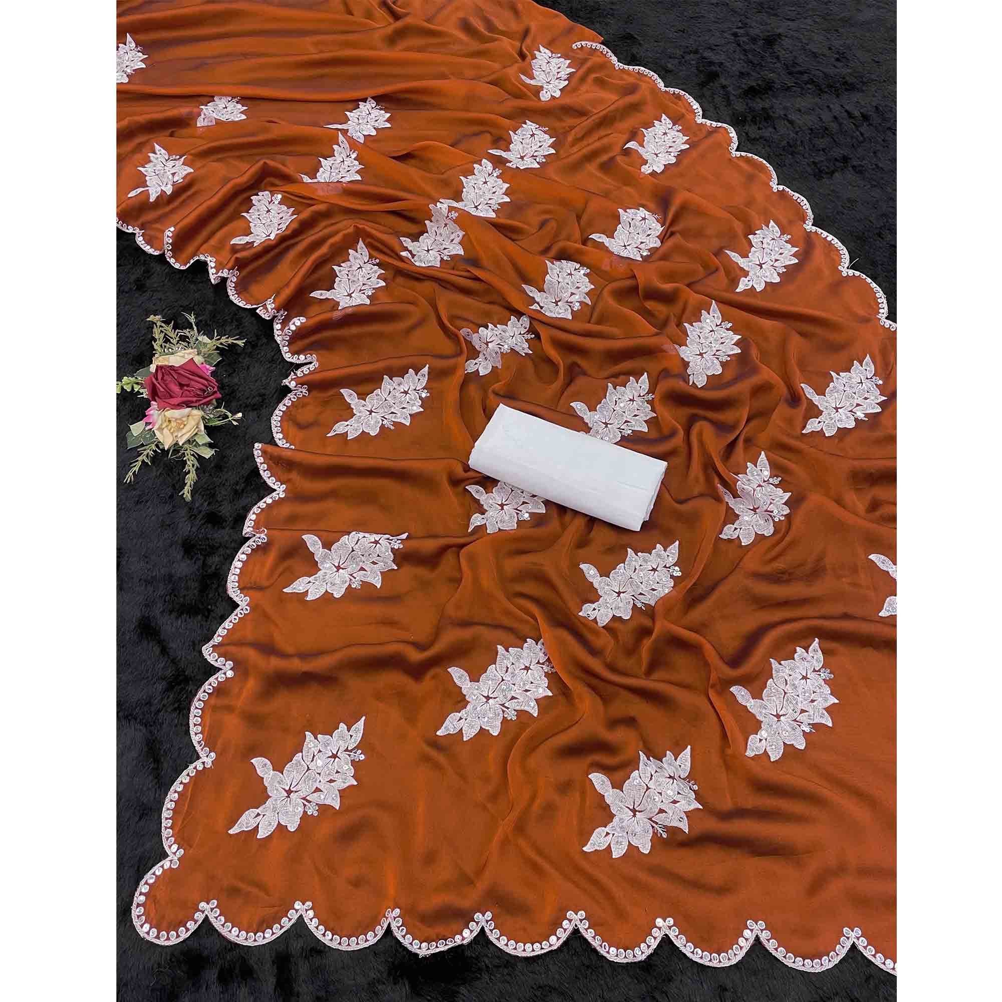 Rust Silk Blend Saree with Embroidered Floral Design in Sequins & Thread