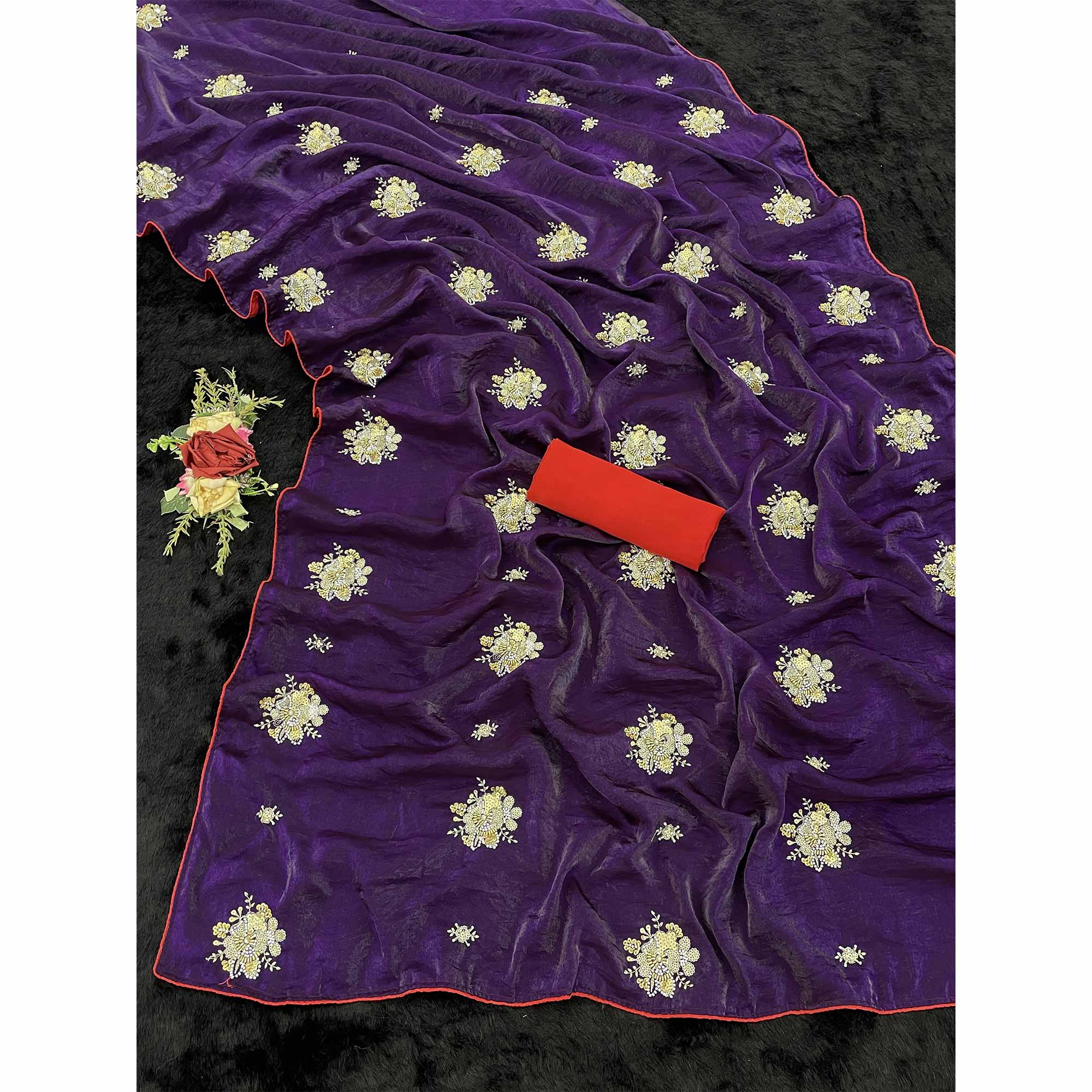 Party Wear Purple Satin Silk Saree with Intricate Bead and Sequin Detailing