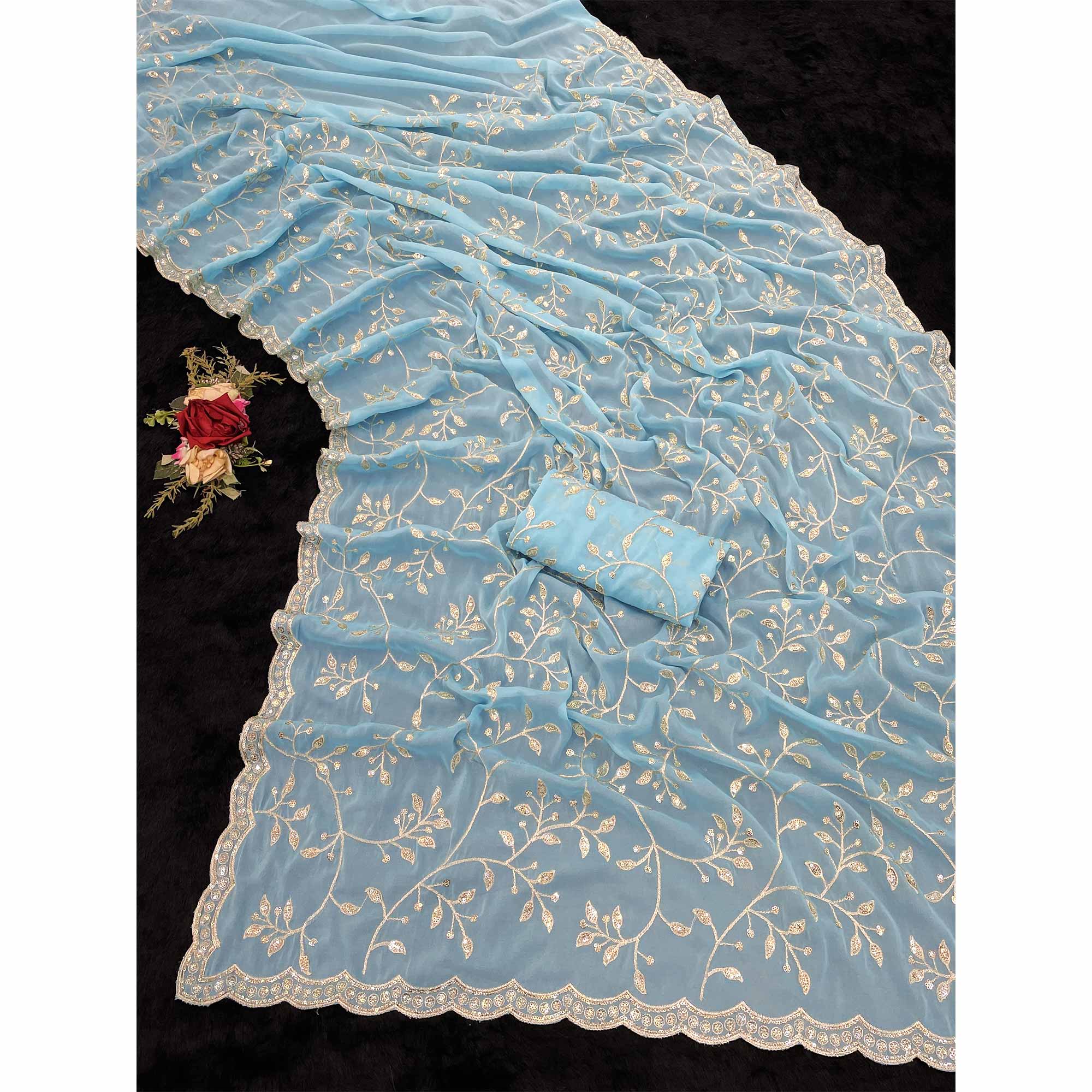 Designer Turquoise Georgette Saree Featuring Intricate Sequins & Embroidery Work