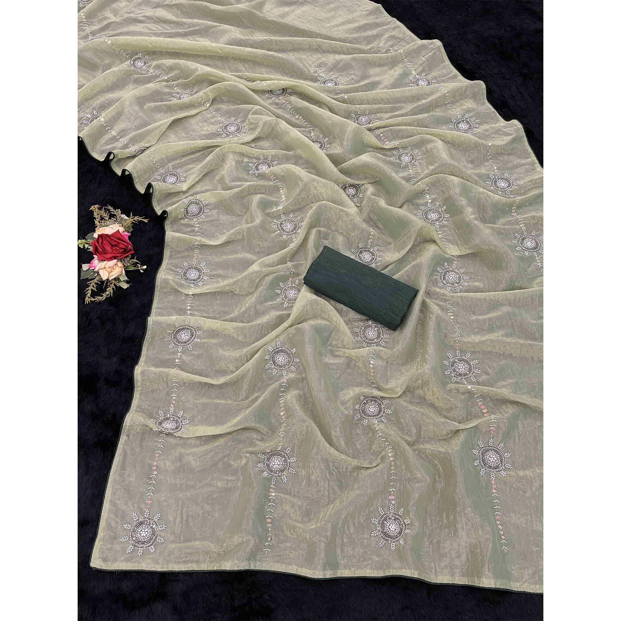 Pista Green Designer Silk Blend Saree Embellished with Stones & Beads