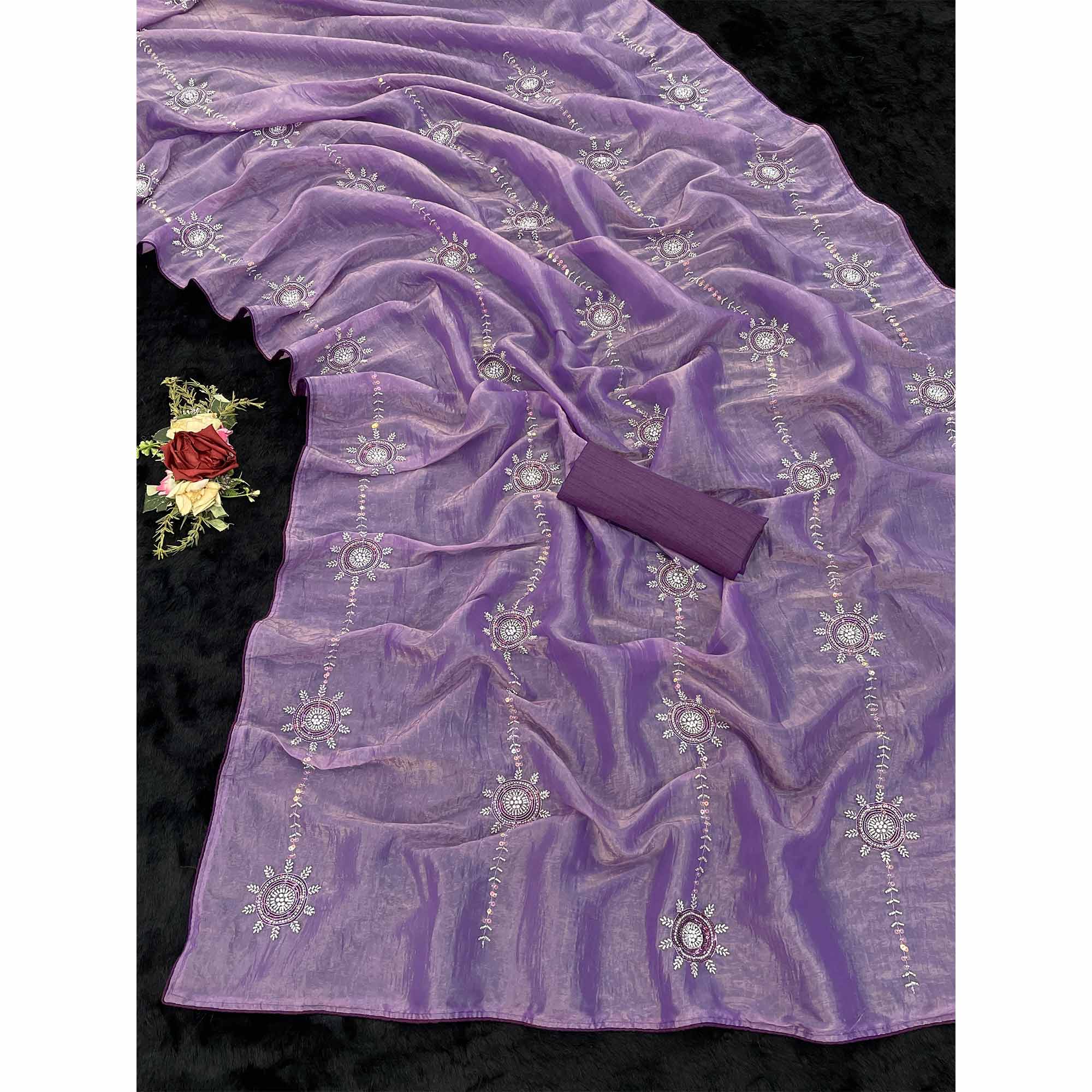 Purple Designer Silk Blend Saree Embellished with Stones & Beads