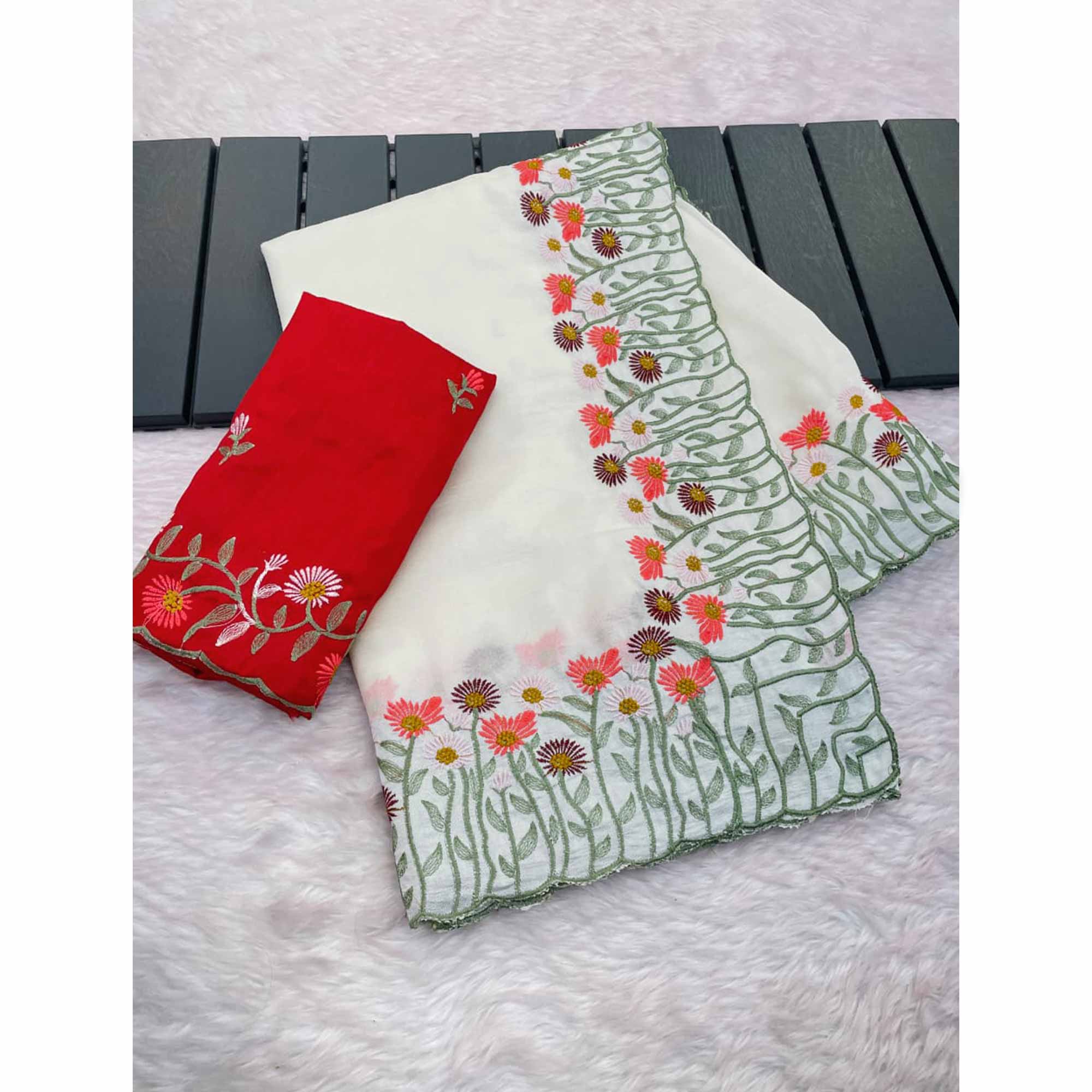 Off White Vichitra Silk Saree with Fine Floral Embroidery for Party and Traditional Styling