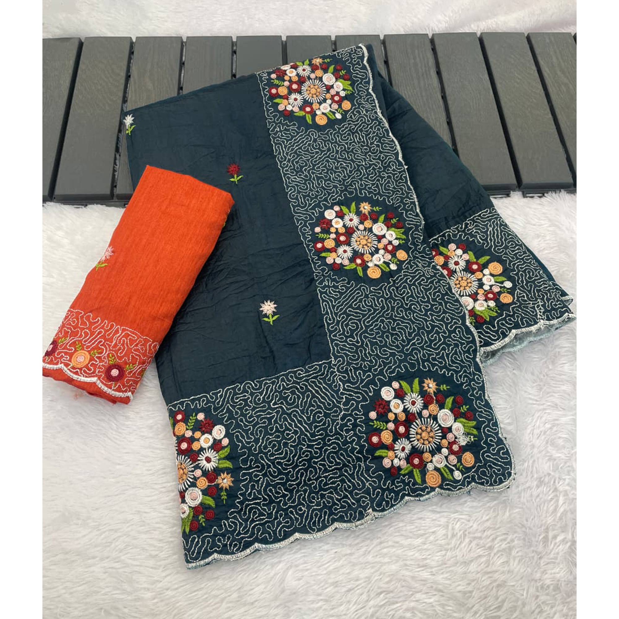 Deep Teal Cotton Silk Saree with Beautiful Floral Embroidery for Parties & Celebrations