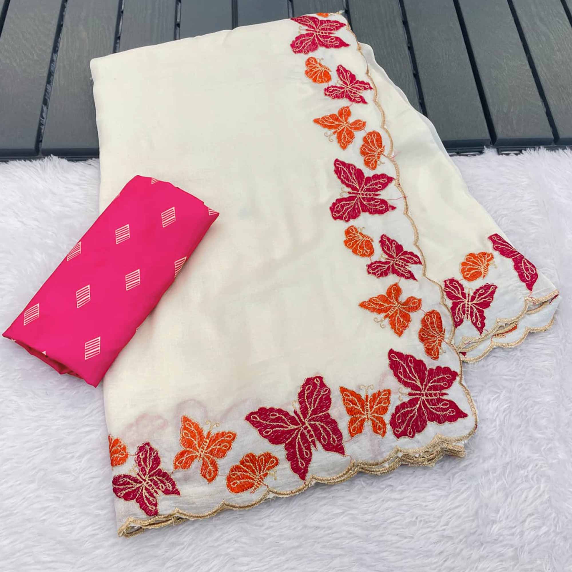Off White Pure Vichitra Silk Saree with Graceful Butterfly Inspired Embroidery Detailing