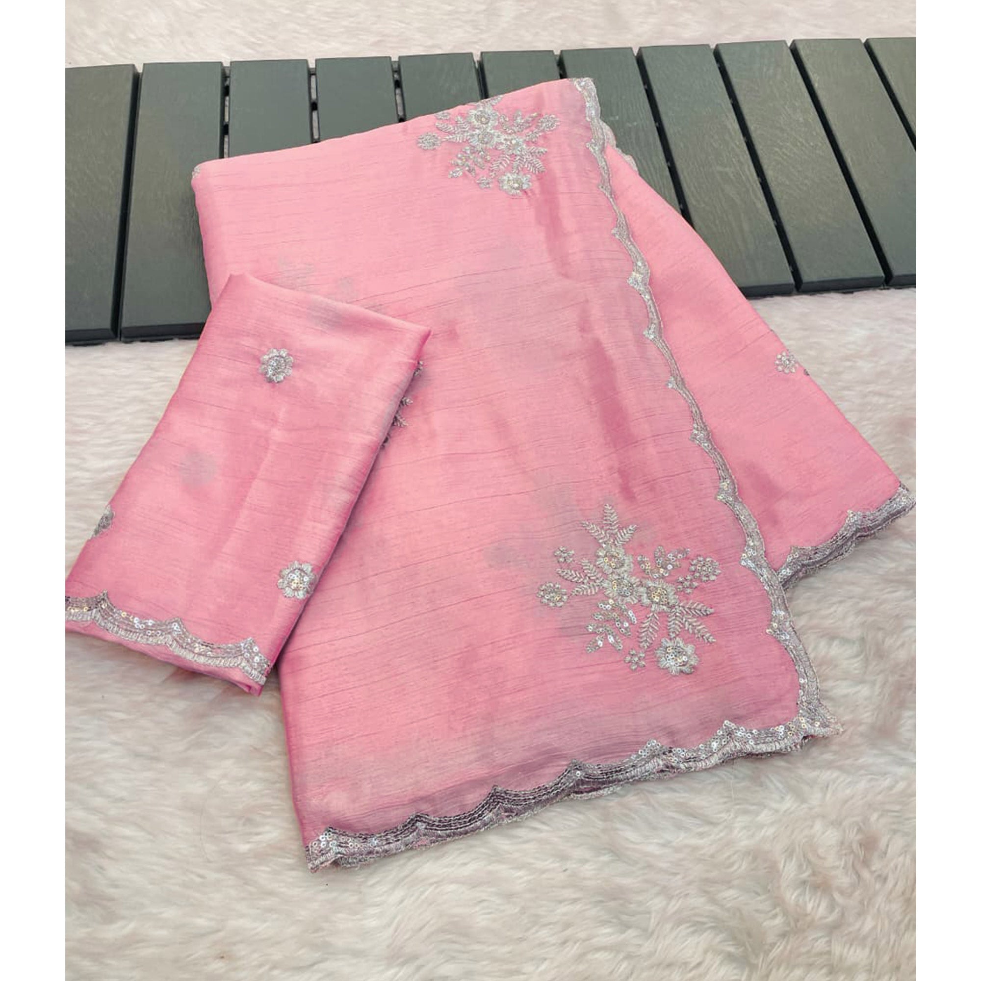 Designer Peach Pure Chinon Saree Highlighted with Elegant Sequins Embroidery