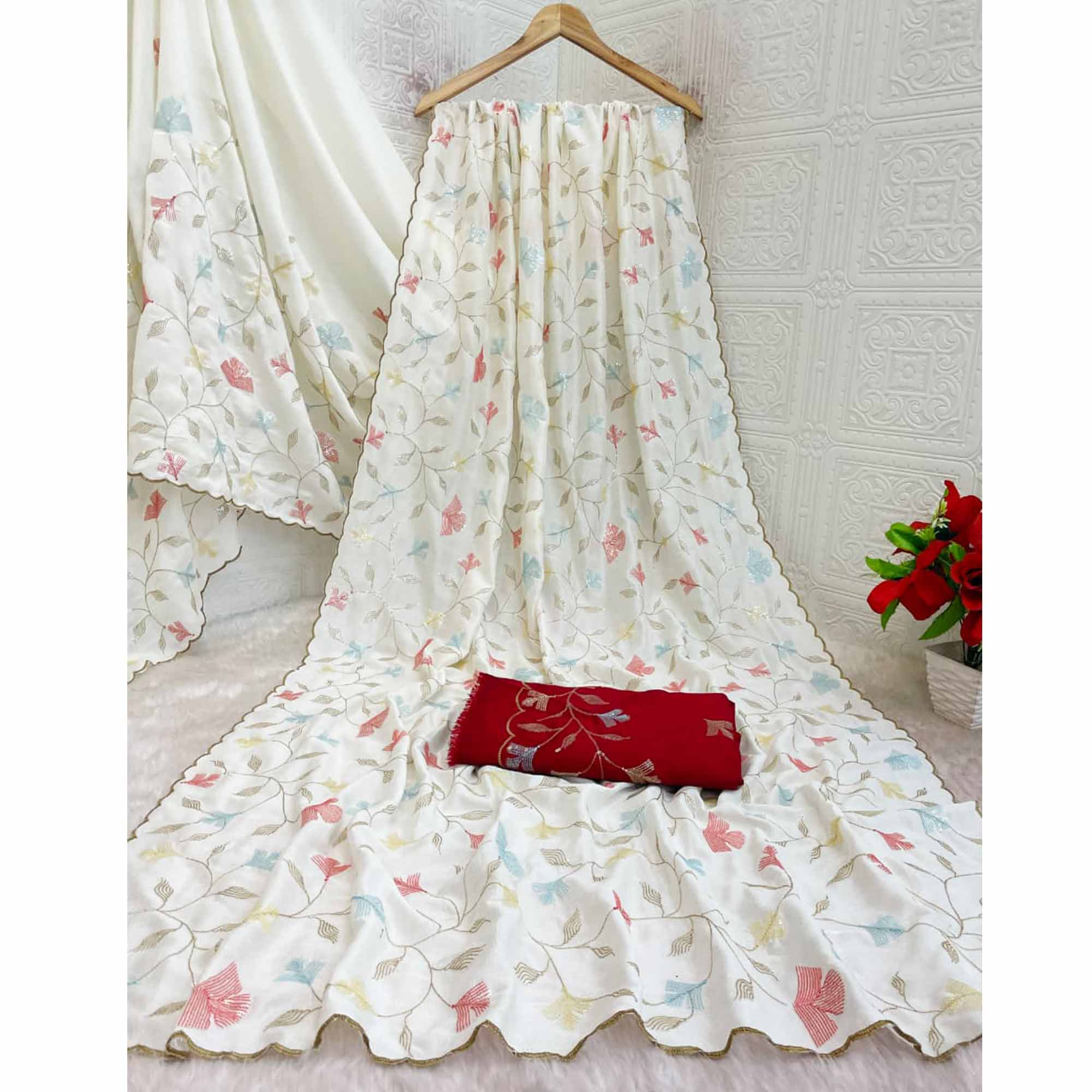 Graceful White Vichitra Silk Saree Adorned With Floral Sequins Embroidery & Golden Arco Border