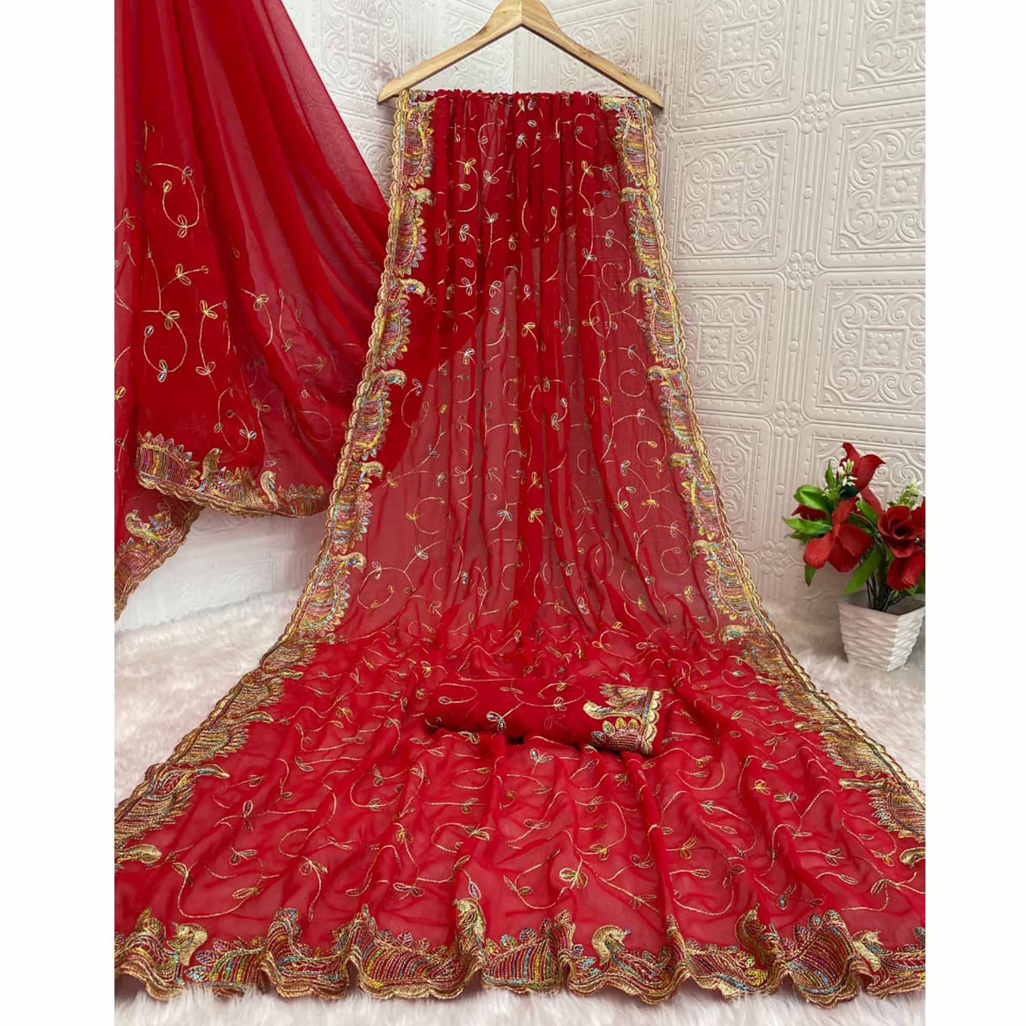Elegant Red Floral Sequin & Thread Embroidered Georgette Saree With Exquisite Peacock Design Border