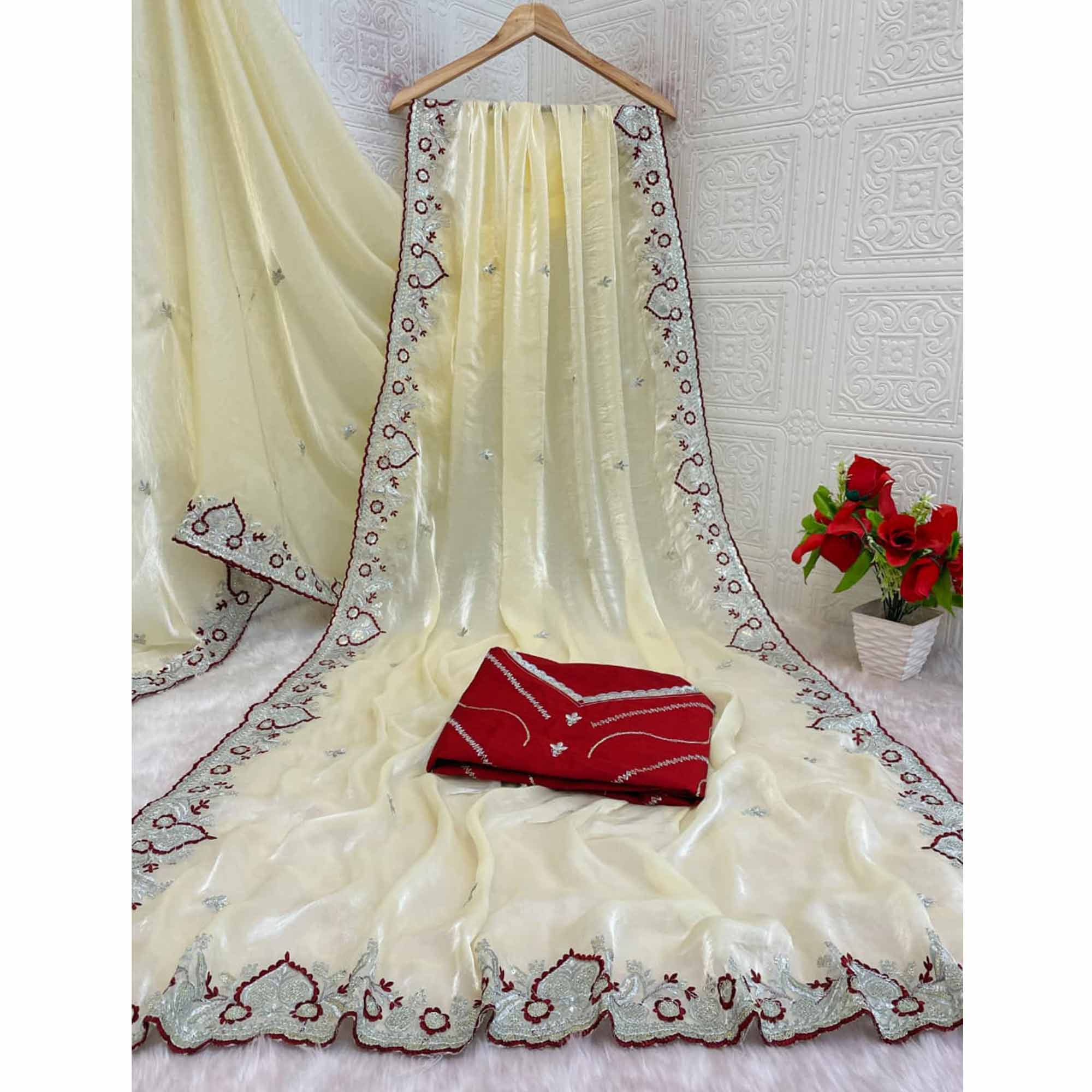 Radiant Cream Tissue Silk Saree Beautifully Embellished With Floral Thread & Sequins Embroidery