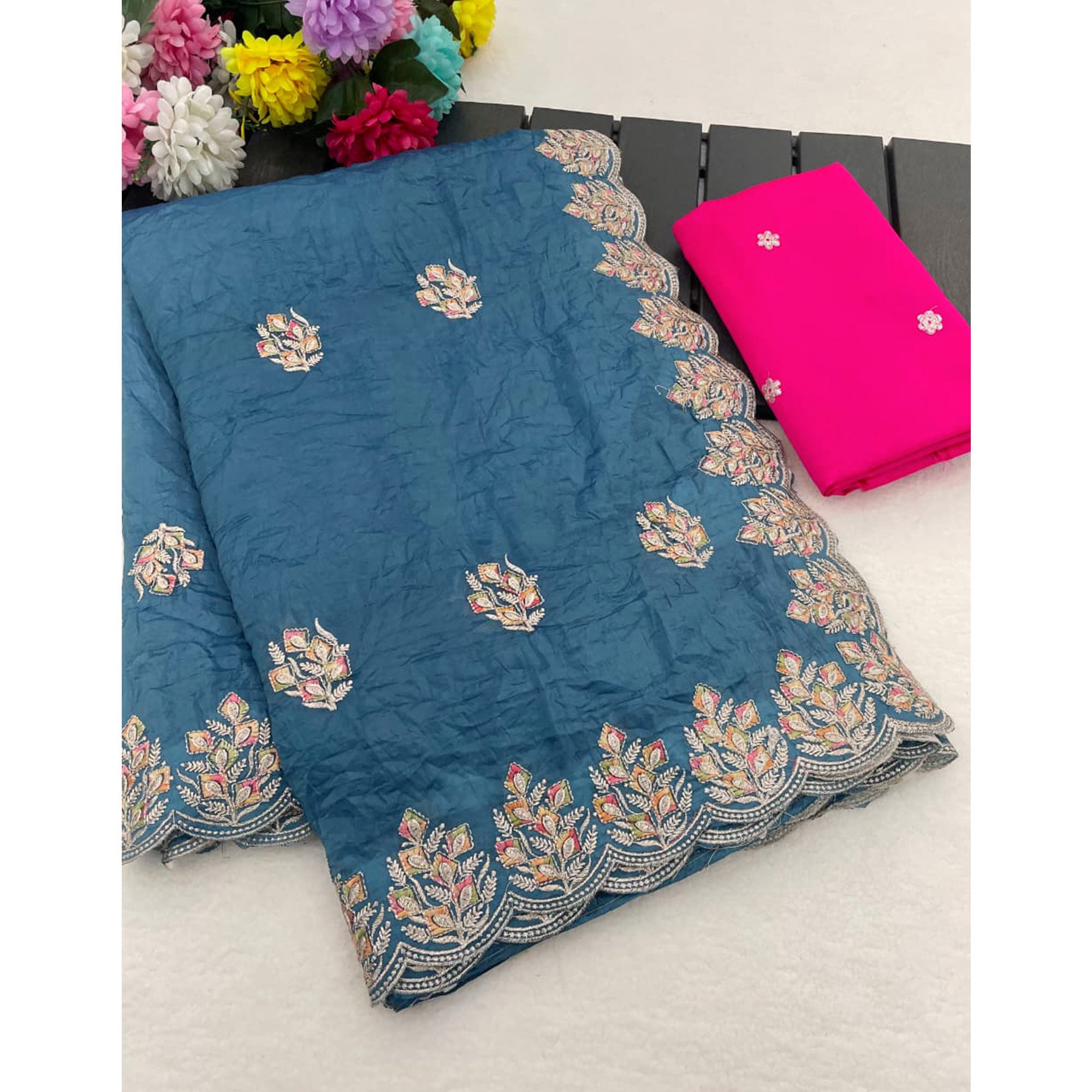 Classic Blue Silk Blend Crush Saree Beautifully Embellished With Floral Thread Embroidery
