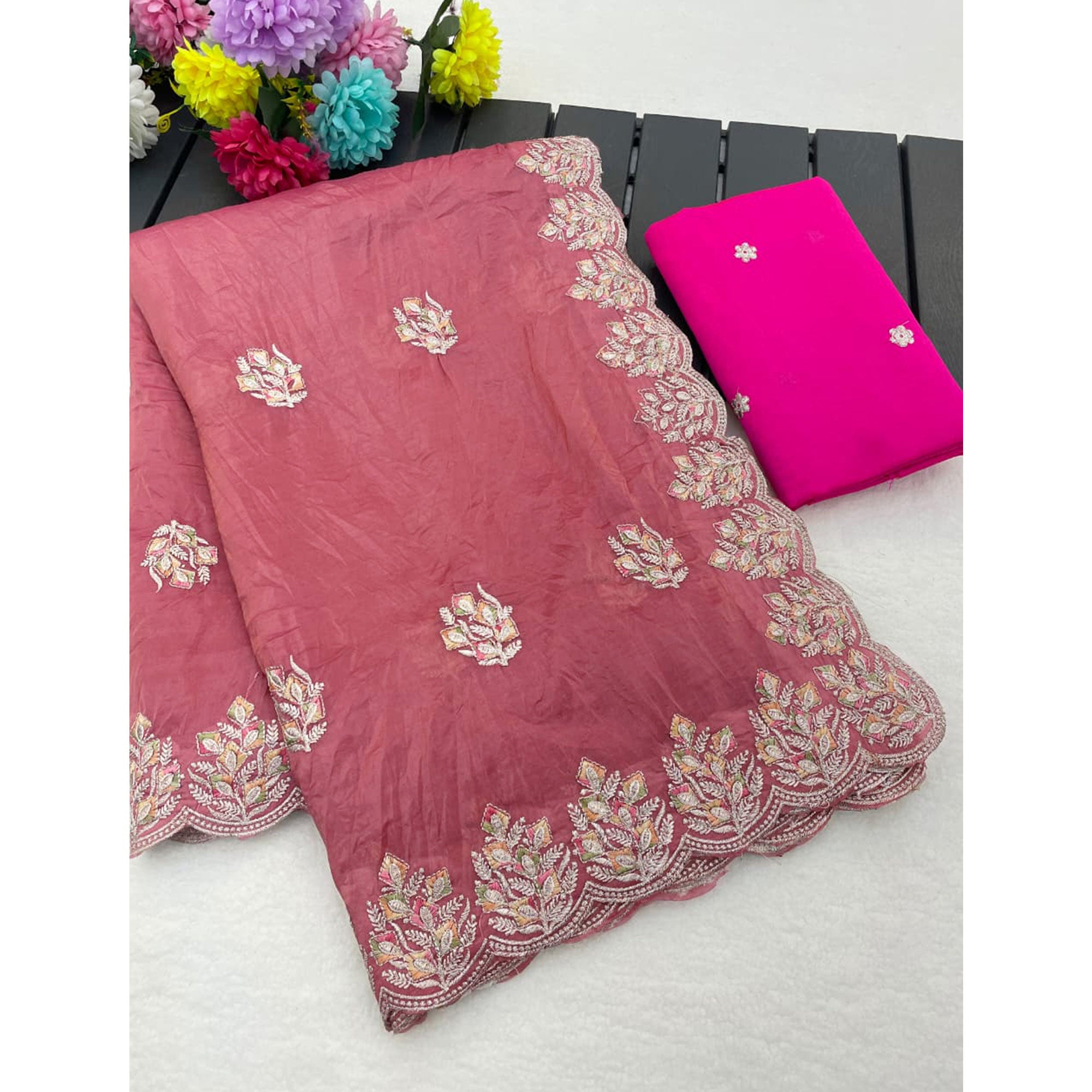 Classic Dusty Pink Silk Blend Crush Saree Beautifully Embellished With Floral Thread Embroidery