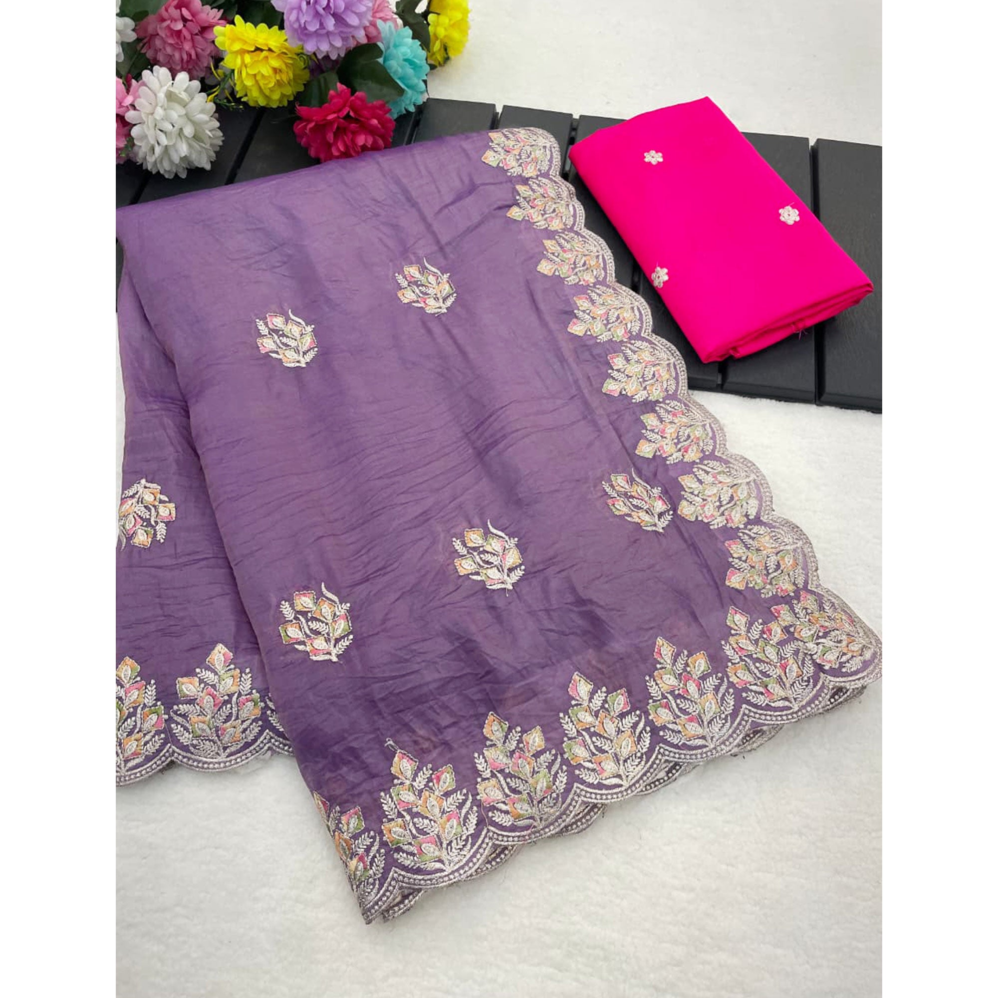 Classic Lavender Silk Blend Crush Saree Beautifully Embellished With Floral Thread Embroidery