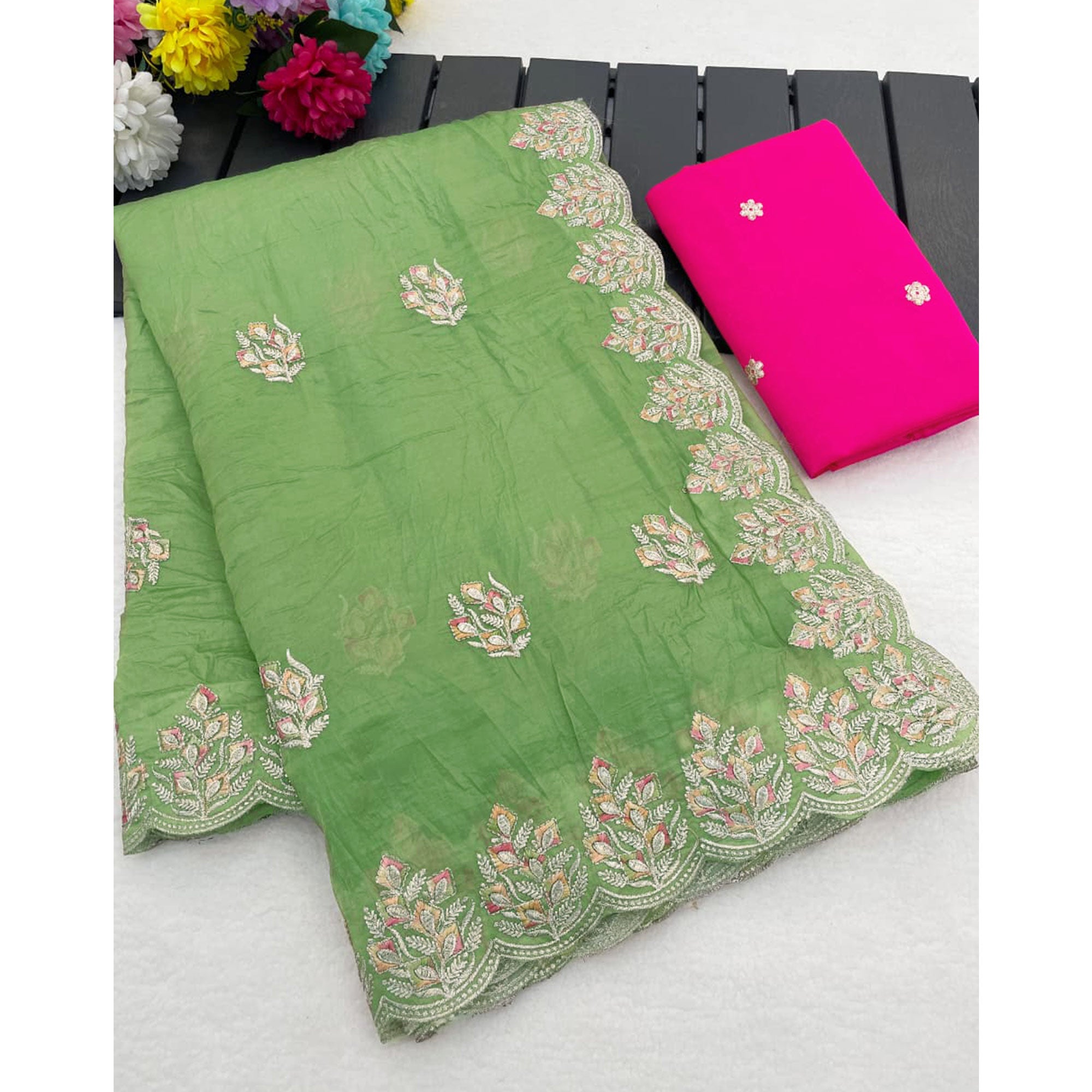Classic Parrot Green Silk Blend Crush Saree Beautifully Embellished With Floral Thread Embroidery