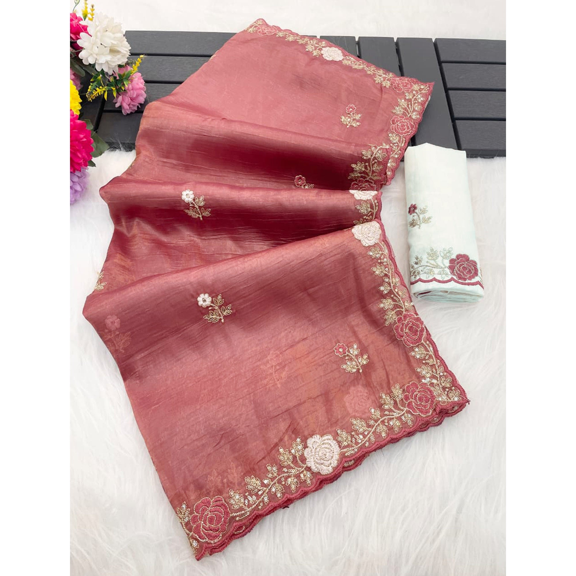 Rose Pink Lightweight Georgette Crush Saree Adorned with Delicate Floral Embroidery