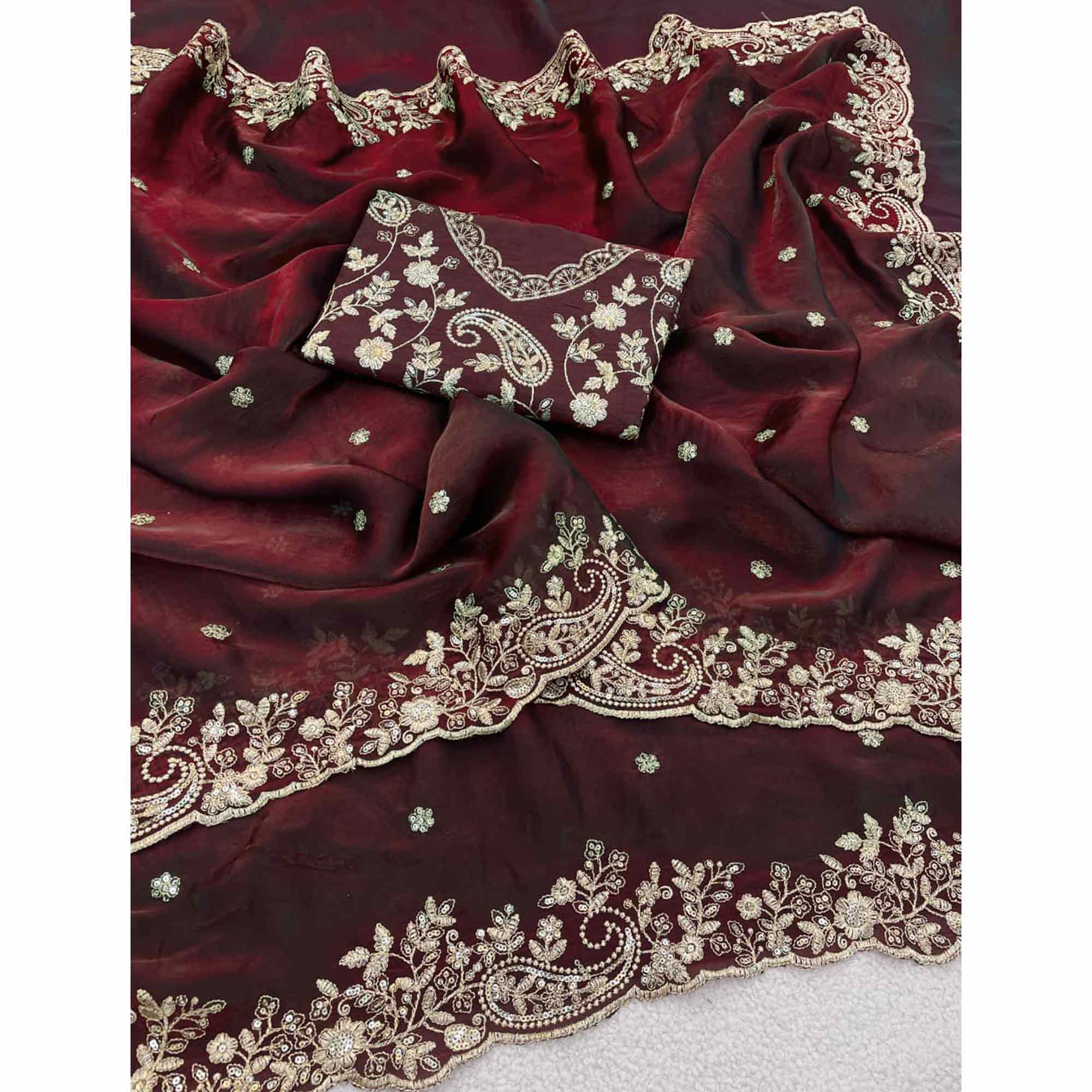 Burgundy Partywear Organza Satin Silk Crush Saree with Delicate Floral Embroidery