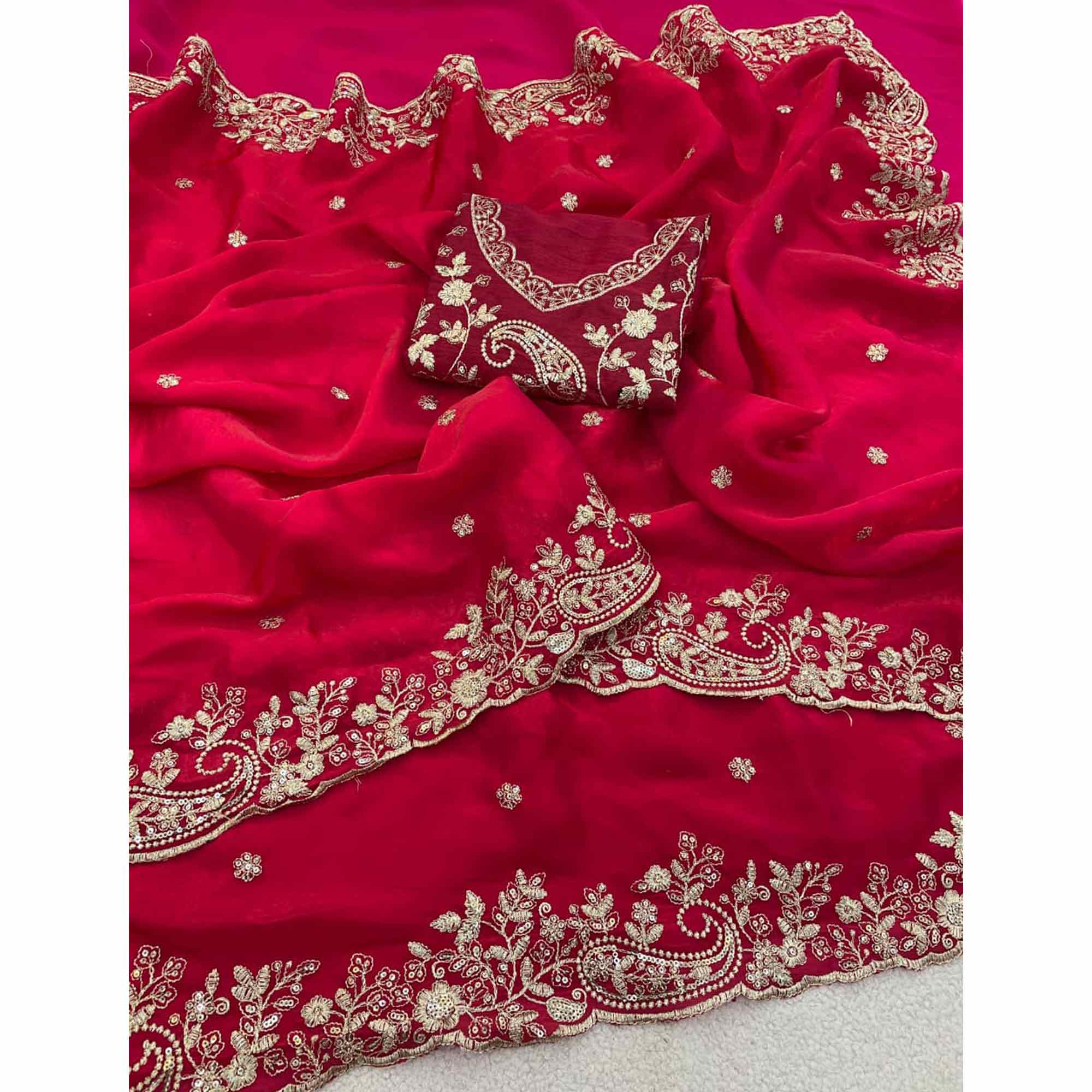 Pink Partywear Organza Satin Silk Crush Saree with Delicate Floral Embroidery