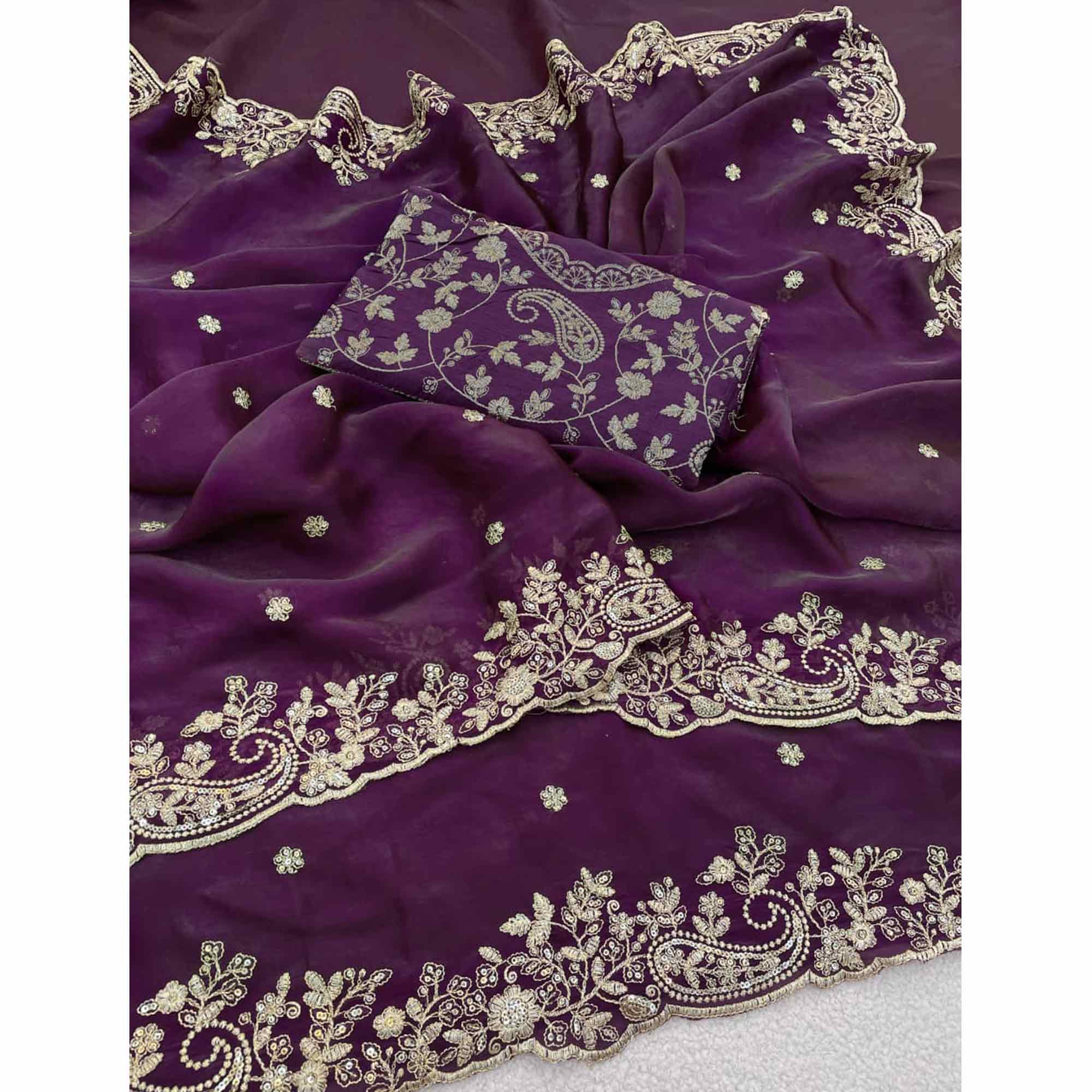 Purple Partywear Organza Satin Silk Crush Saree with Delicate Floral Embroidery