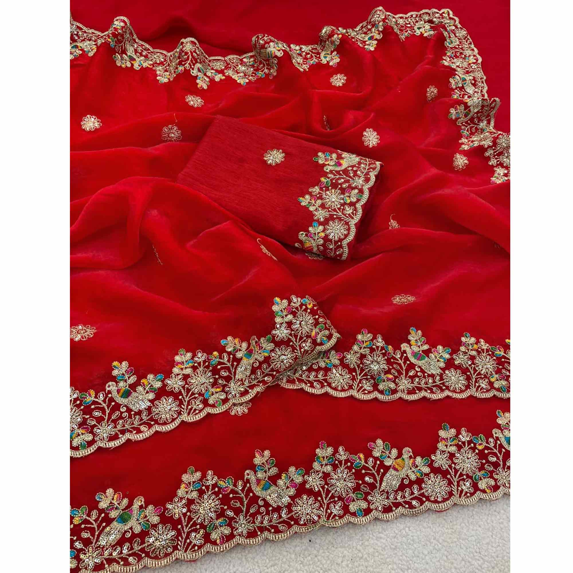Red Floral Embroidered Lightweight Organza Satin Silk Saree for Party and Festive Wear