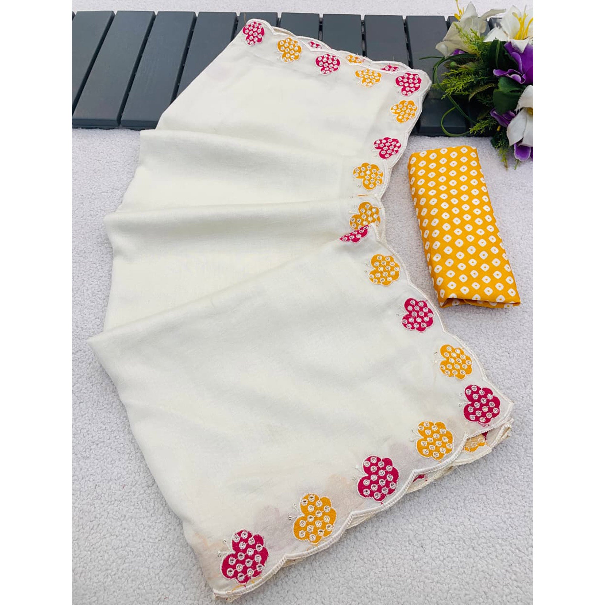 Off White Premium Vichitra Silk Saree Adorned with Intricate Embroidery Work