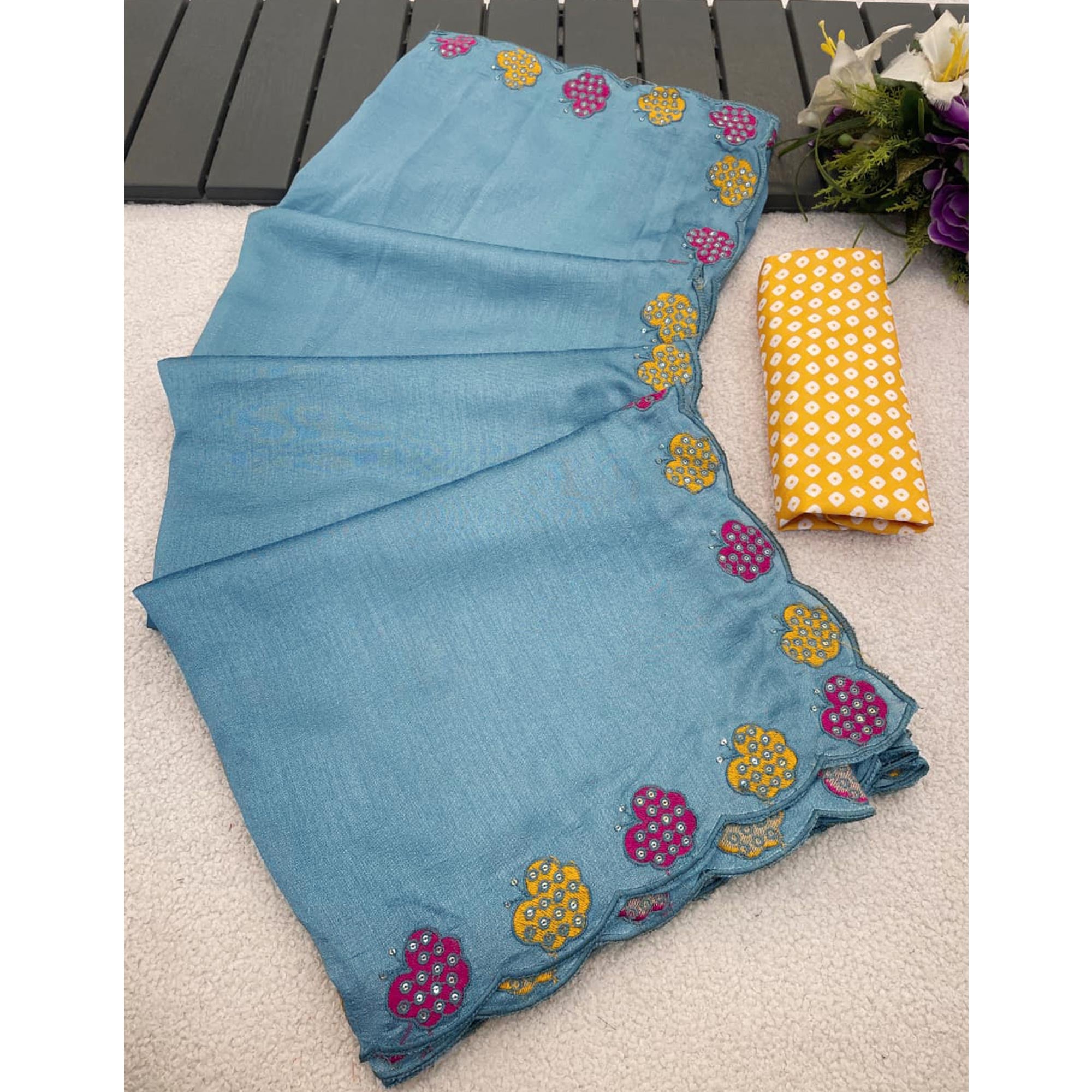 Teal Premium Vichitra Silk Saree Adorned with Intricate Embroidery Work