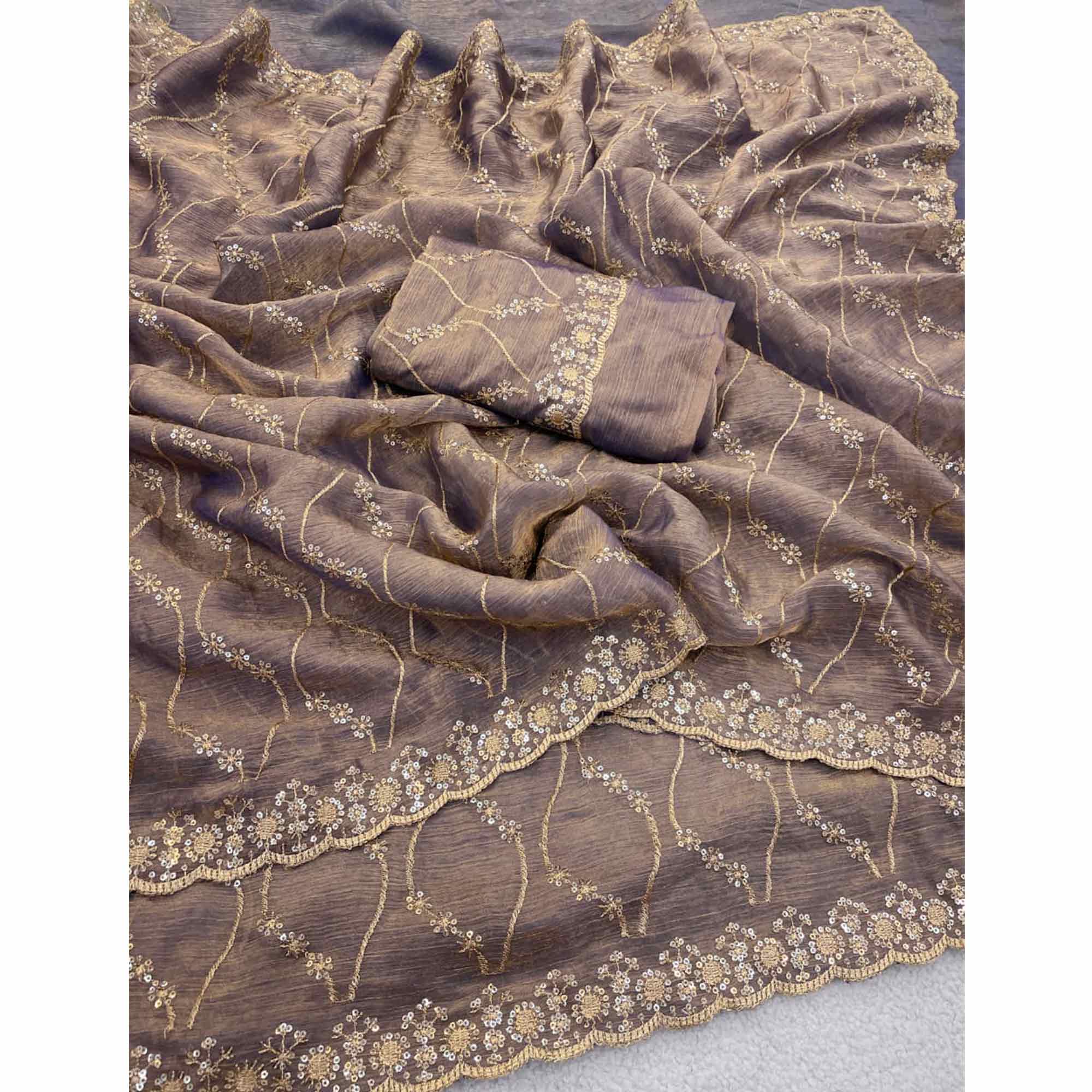 Lavender Partywear Organza Chiffon Silk Saree Highlighted with Fine Sequins Detailing