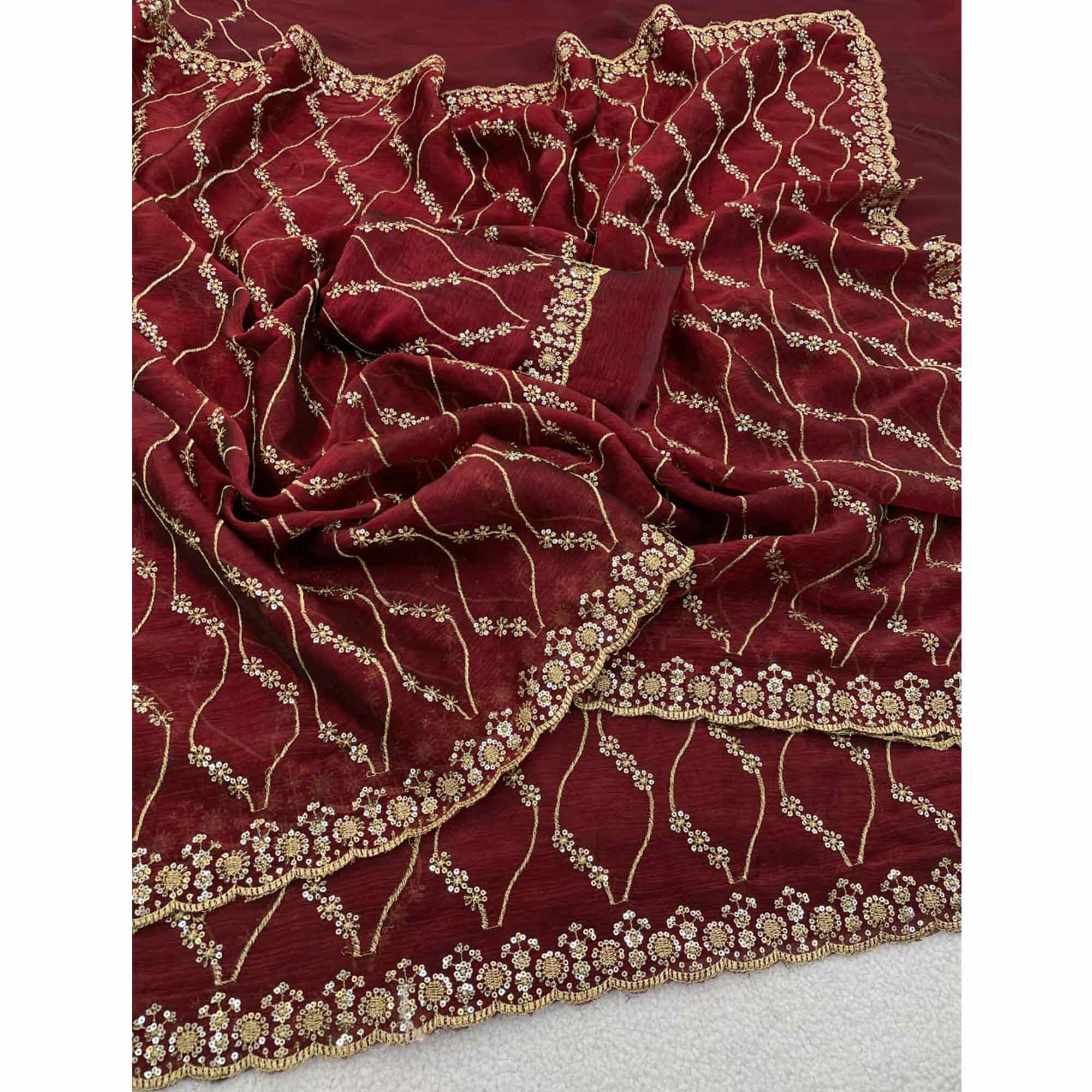Maroon Partywear Organza Chiffon Silk Saree Highlighted with Fine Sequins Detailing
