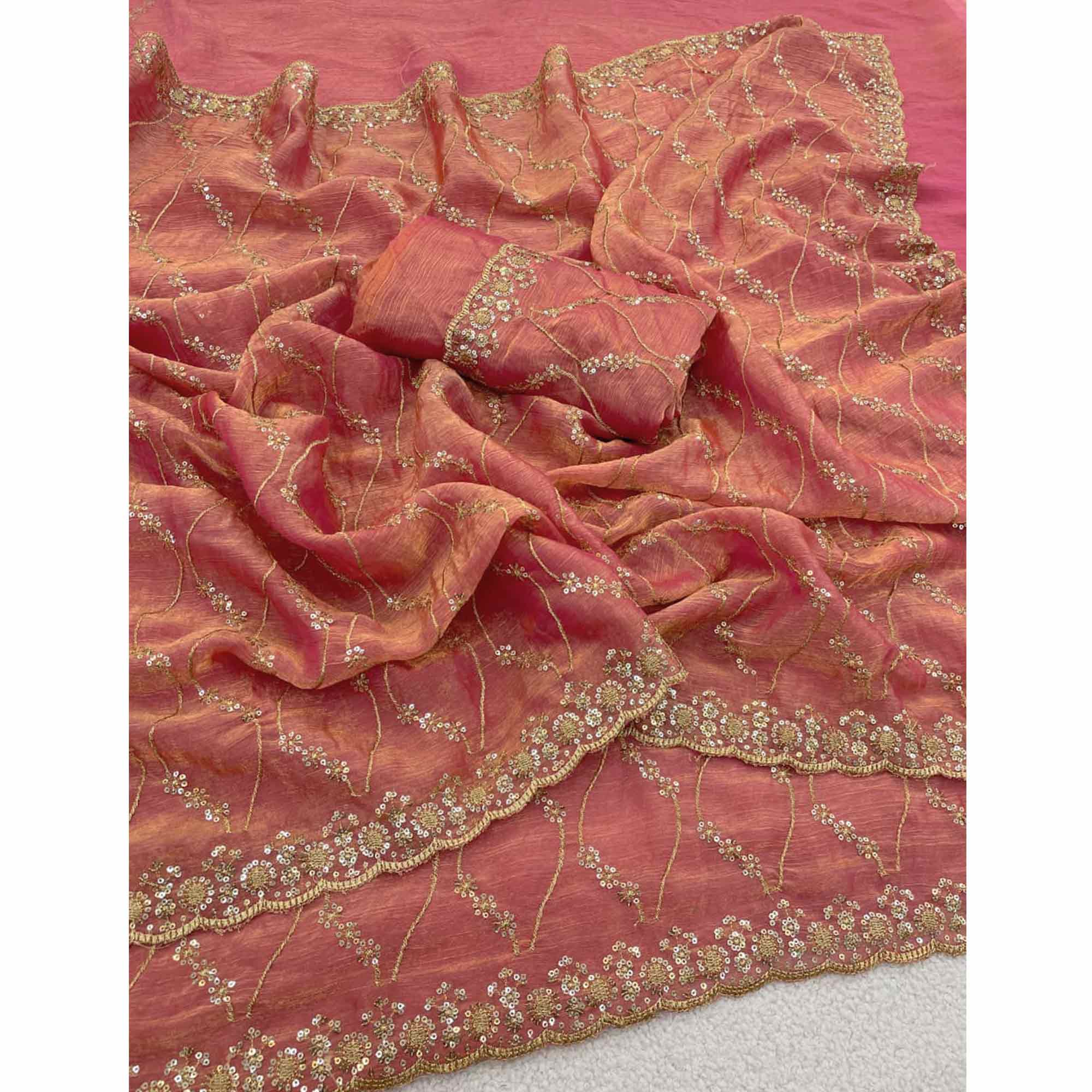 Peach Partywear Organza Chiffon Silk Saree Highlighted with Fine Sequins Detailing