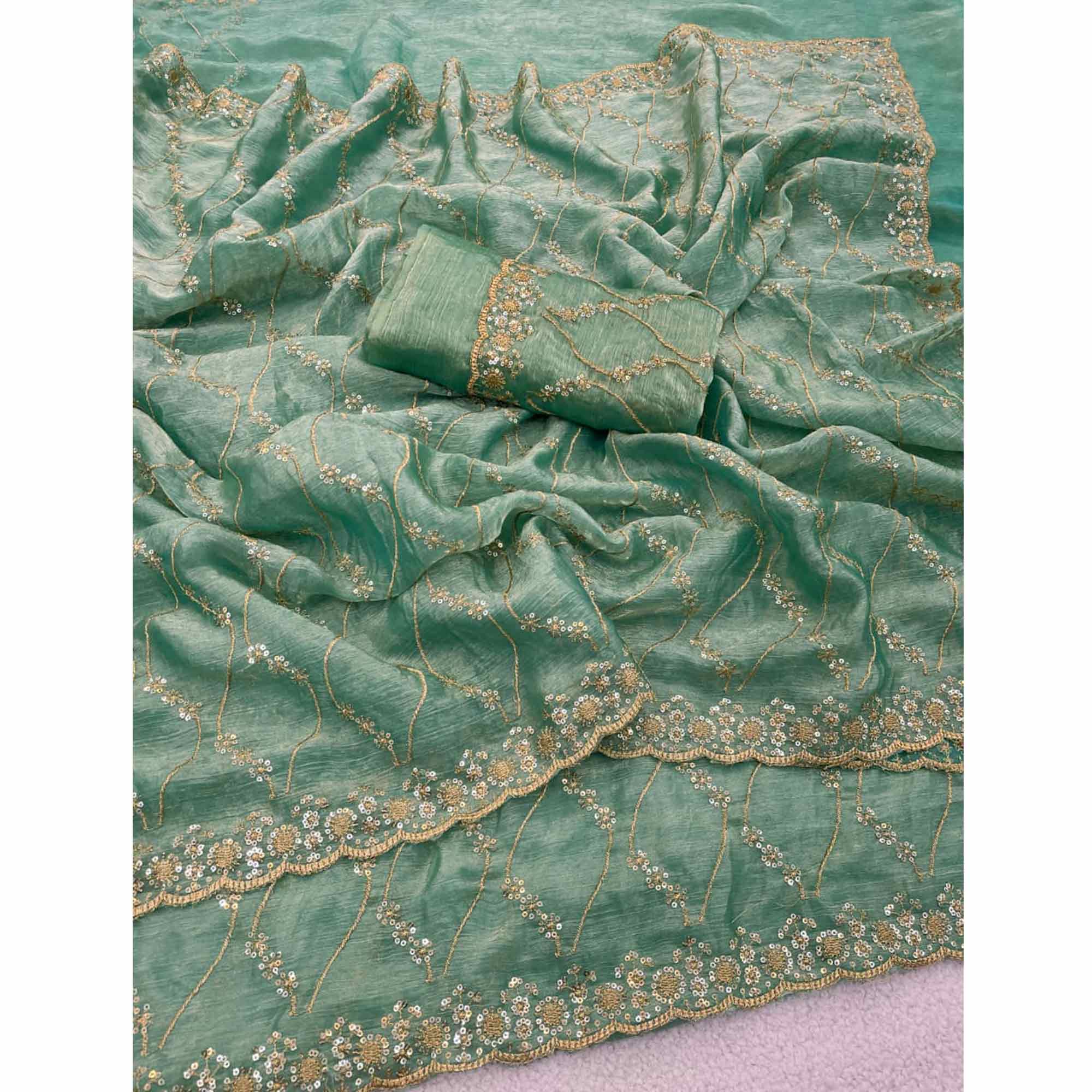 Sea Green Partywear Organza Chiffon Silk Saree Highlighted with Fine Sequins Detailing