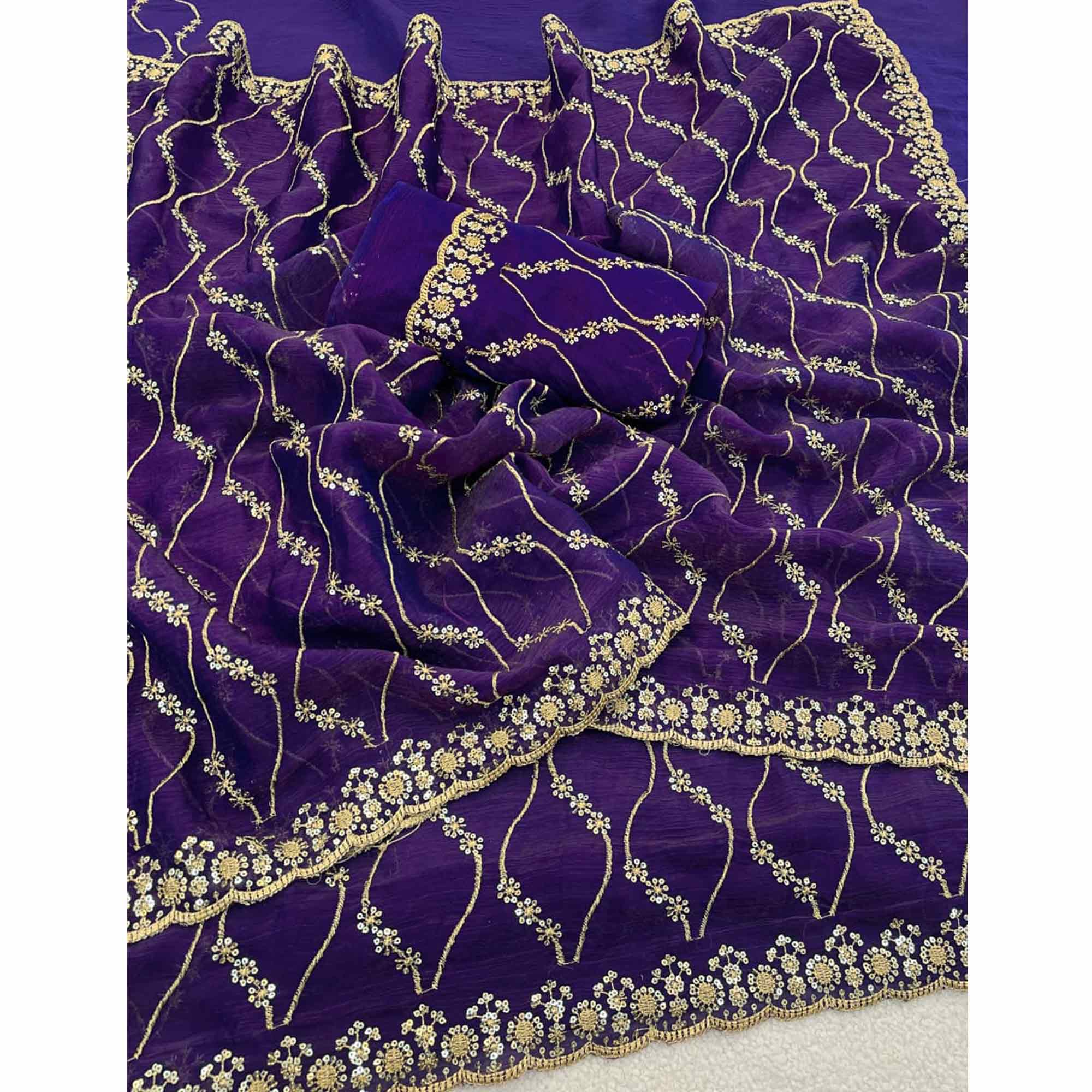 Violet Partywear Organza Chiffon Silk Saree Highlighted with Fine Sequins Detailing