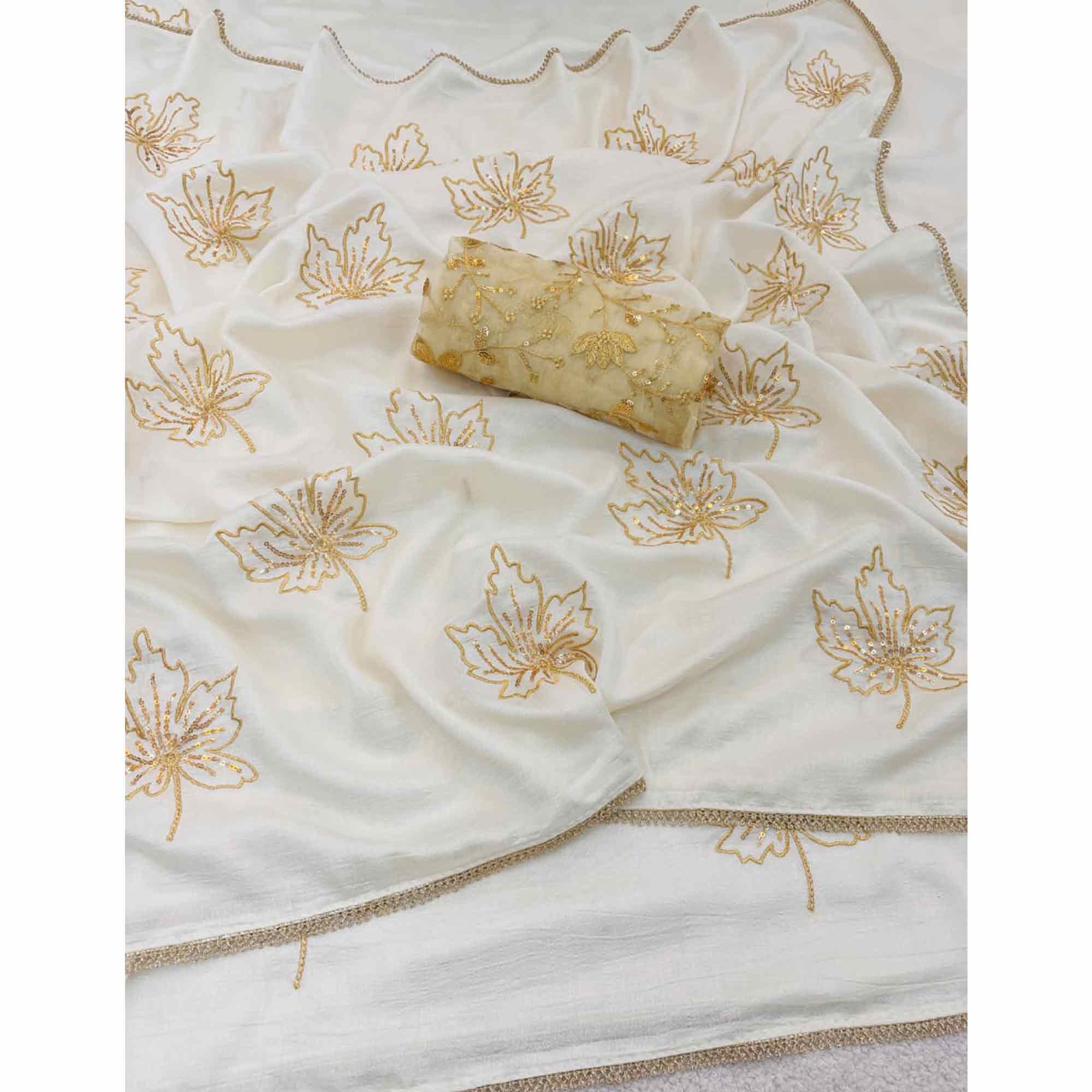 Glamorous Off White Sequin Embellished Saree in Premium Vichitra Silk