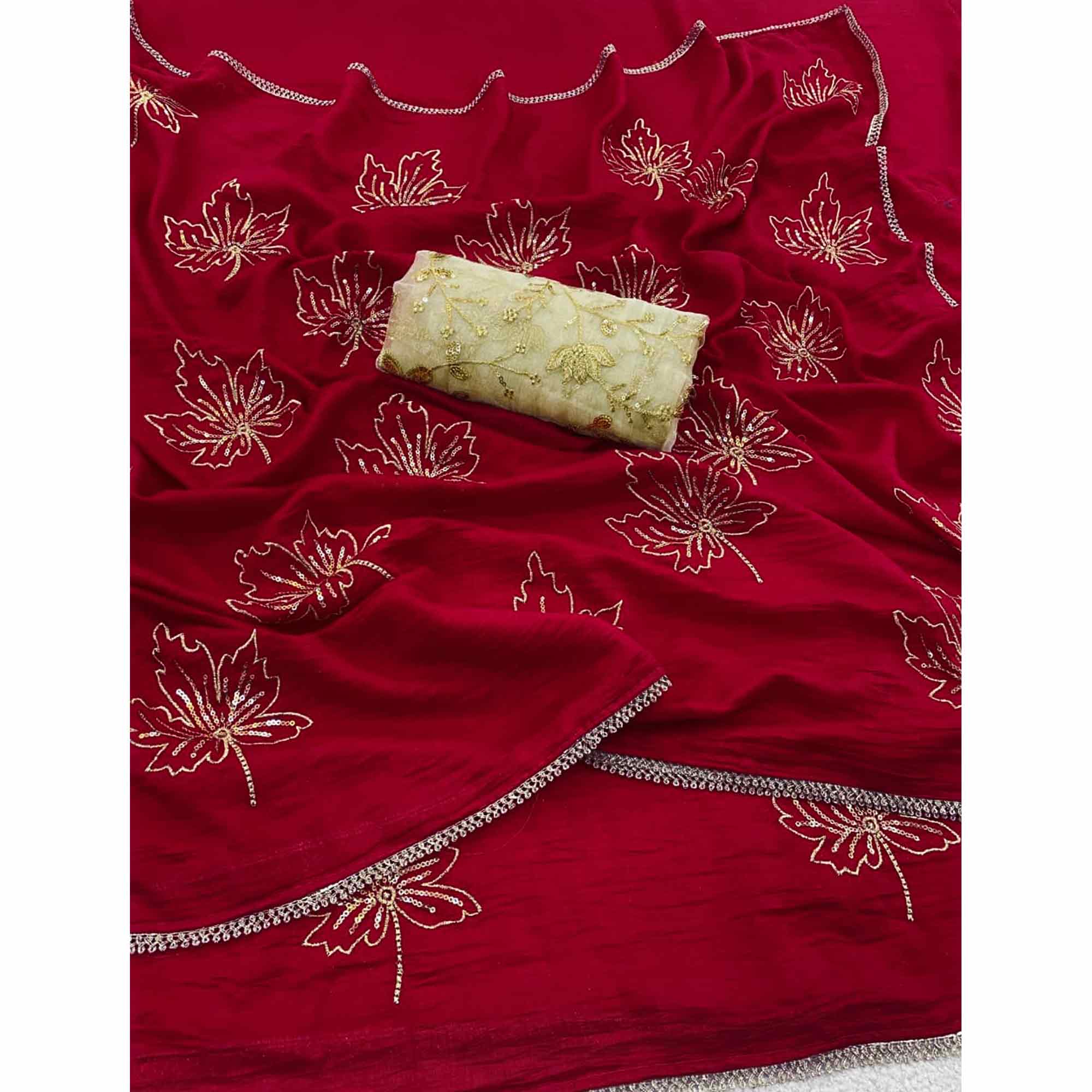 Glamorous Pink Sequin Embellished Saree in Premium Vichitra Silk