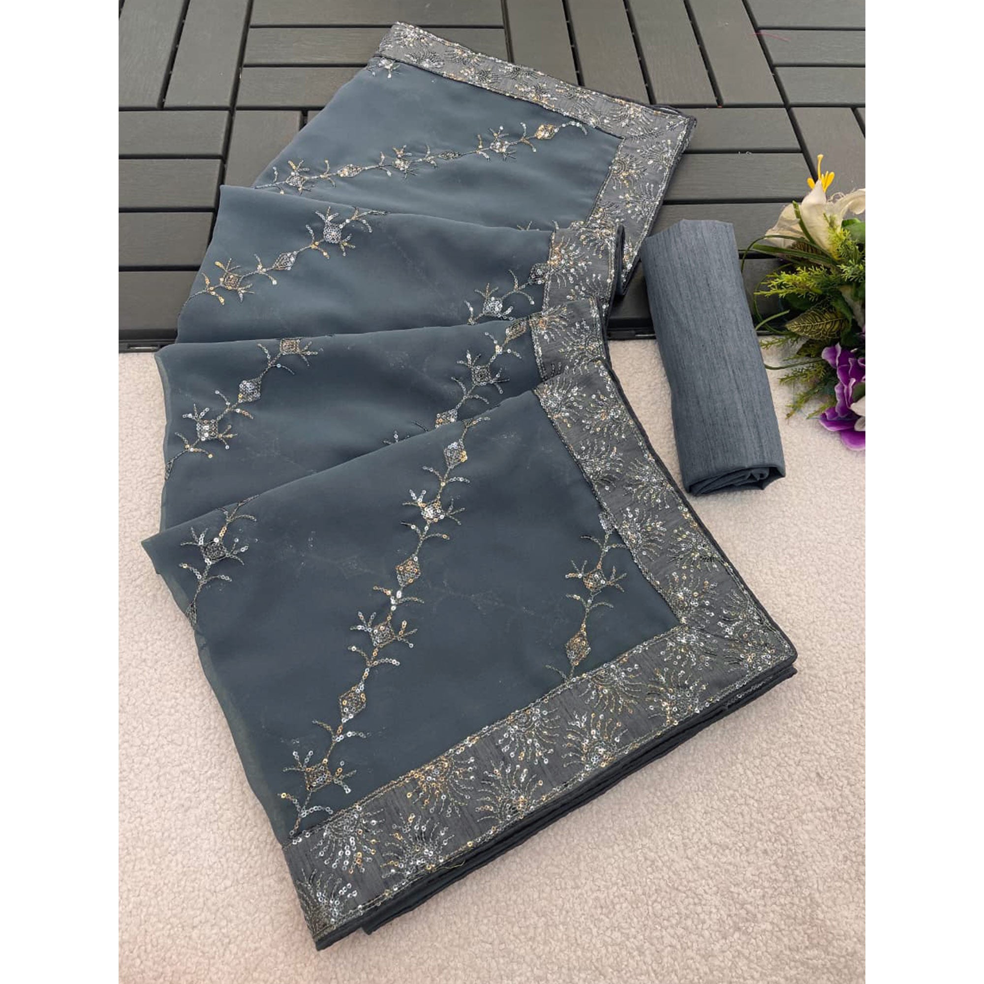 Grey Premium Vichitra Silk Saree Adorned with Shimmering Sequins Work
