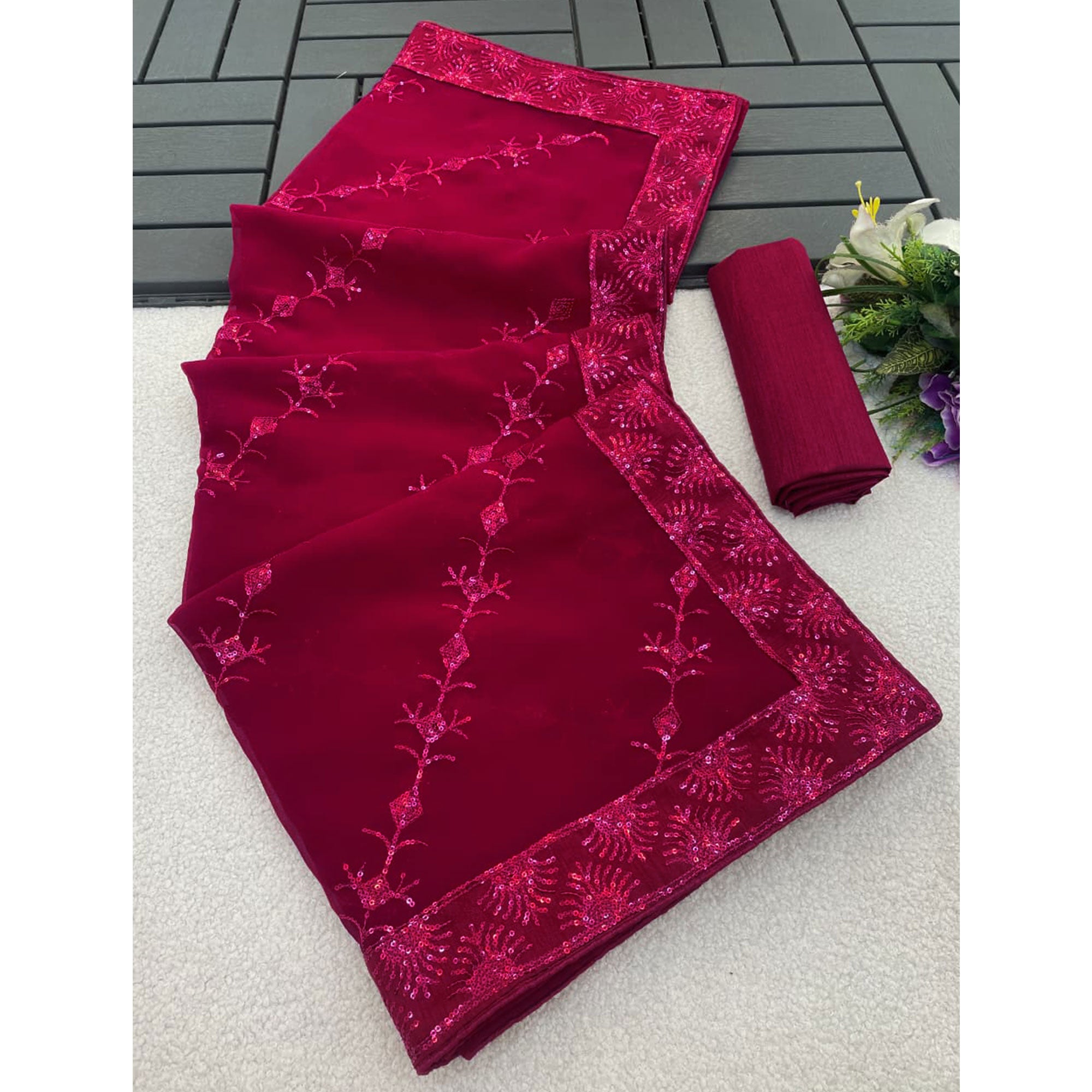 Pink Premium Vichitra Silk Saree Adorned with Shimmering Sequins Work