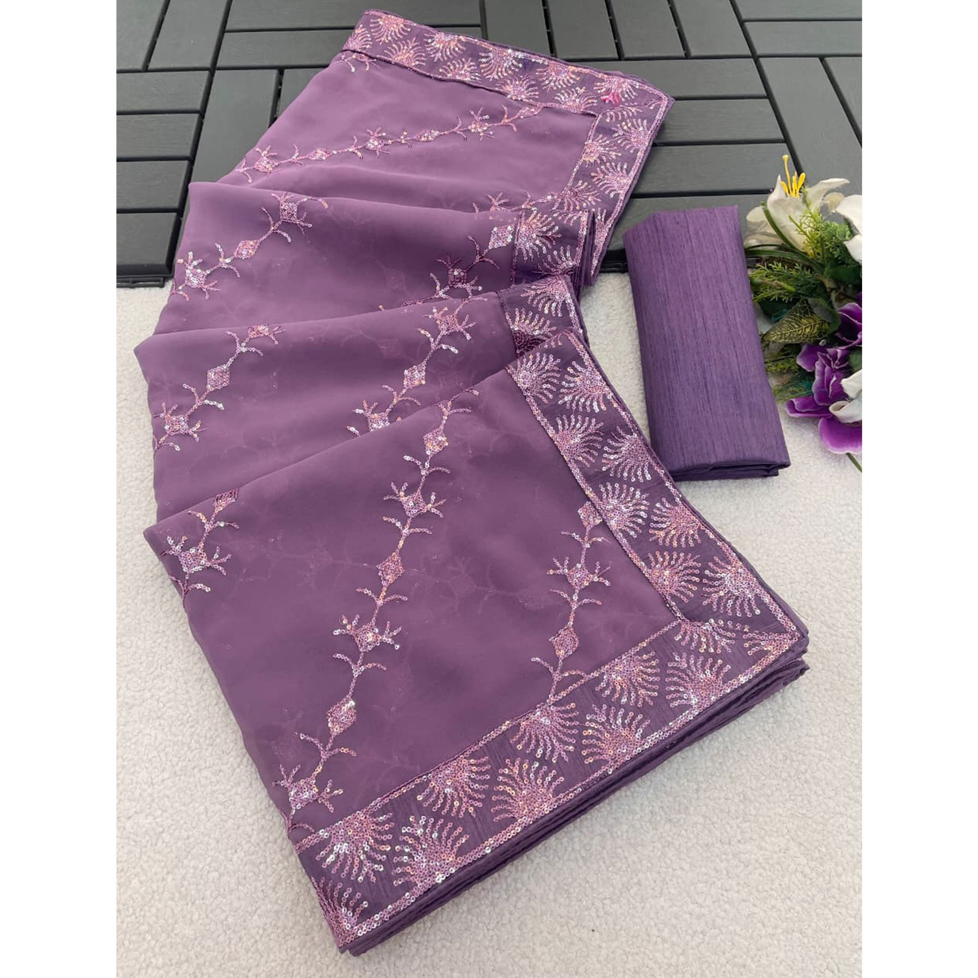 Purple Premium Vichitra Silk Saree Adorned with Shimmering Sequins Work