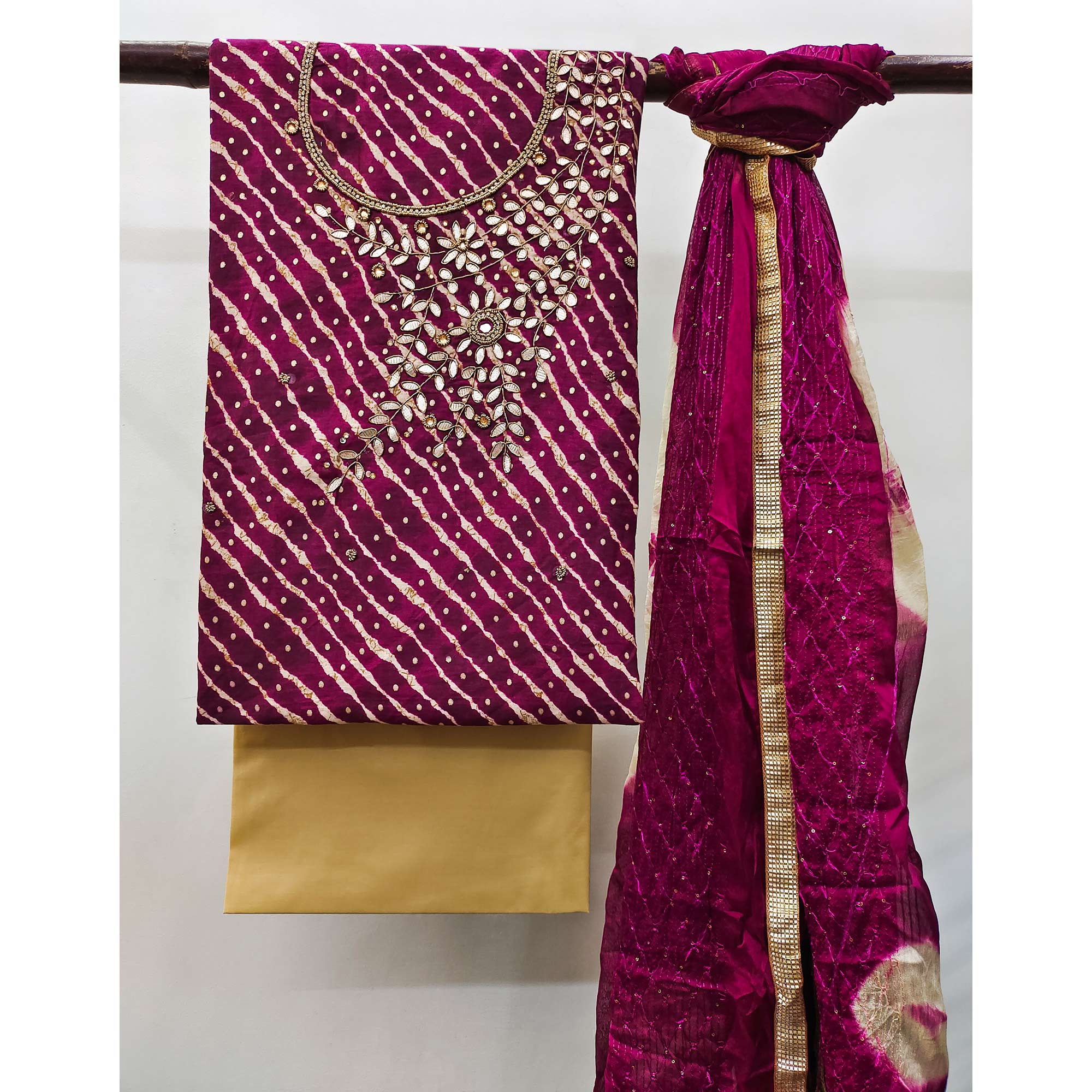Wine Printed With Handwork Pure Cotton Dress Material