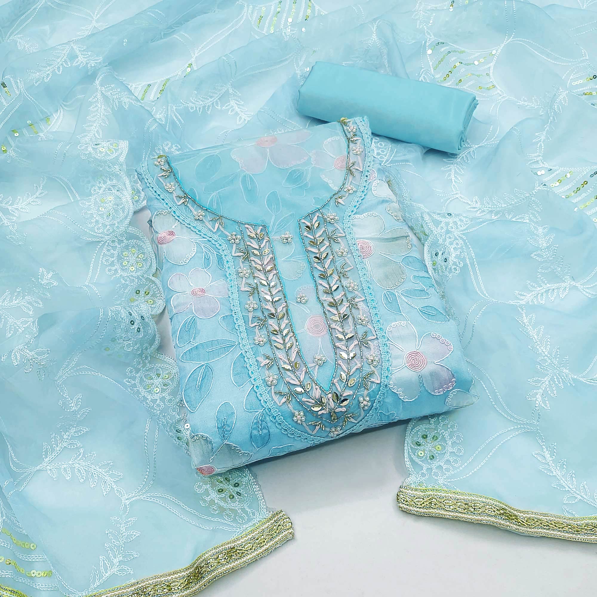 Blue Printed With Handwork Organza Dress Material