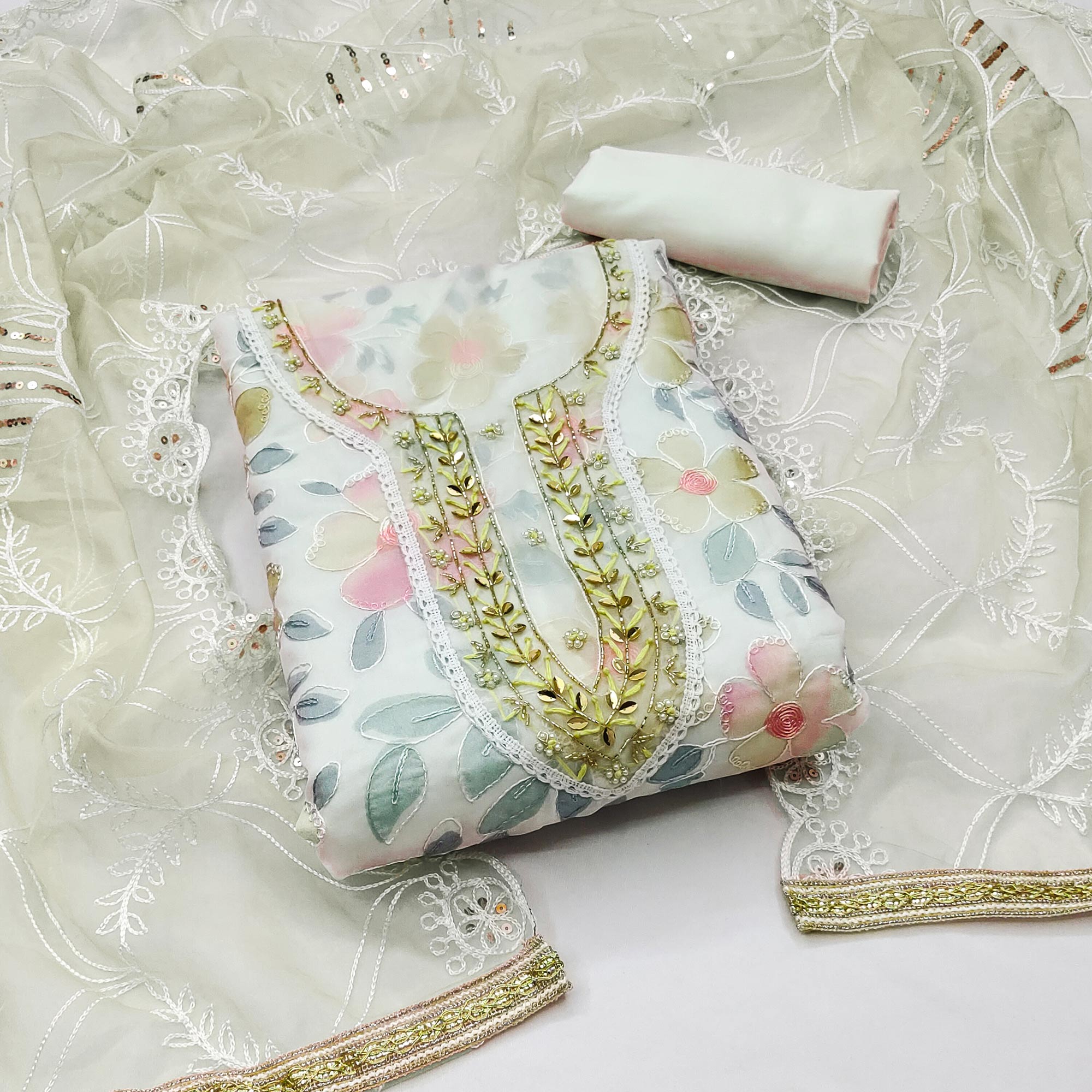 Cream Printed With Handwork Organza Dress Material