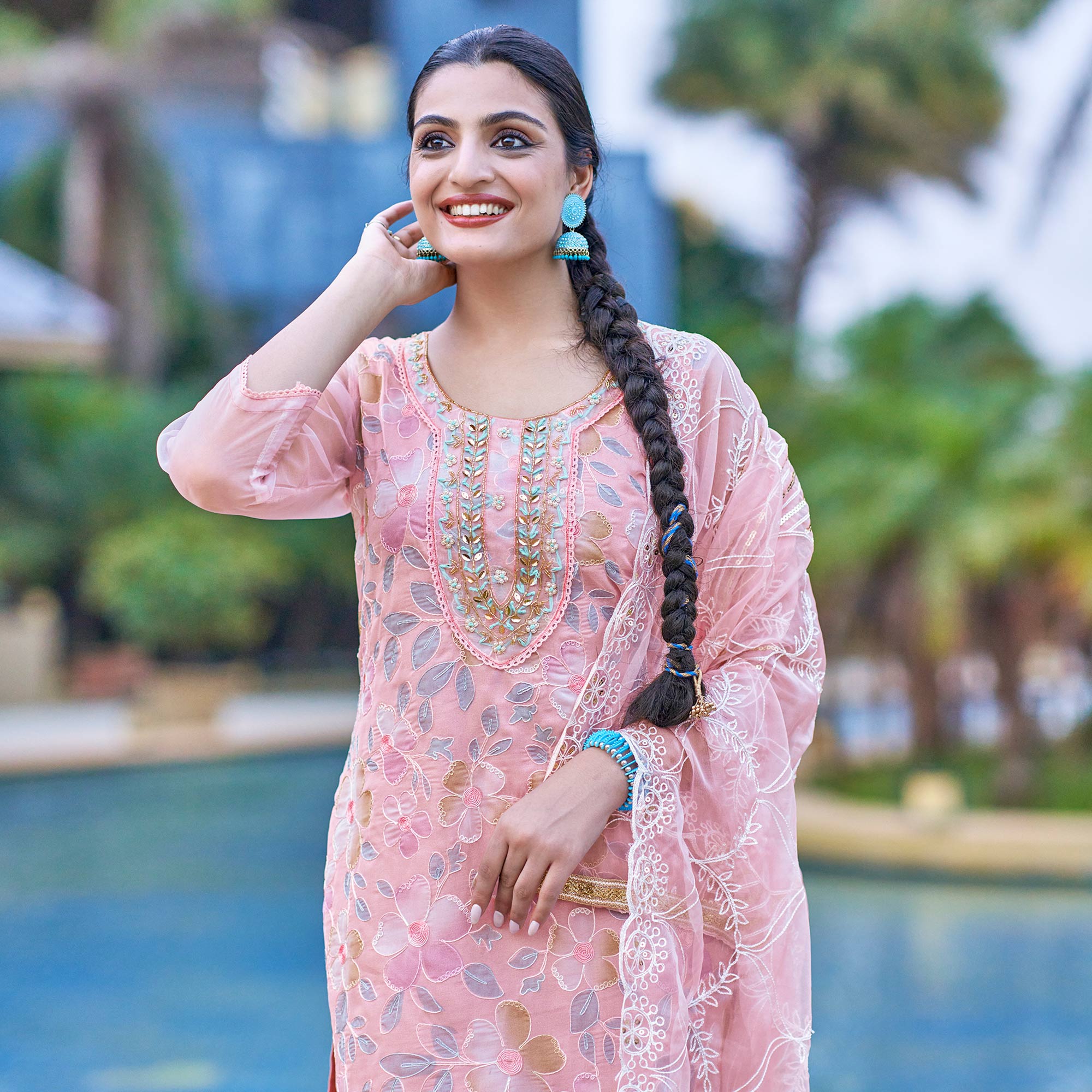 Peach Printed With Handwork Organza Dress Material