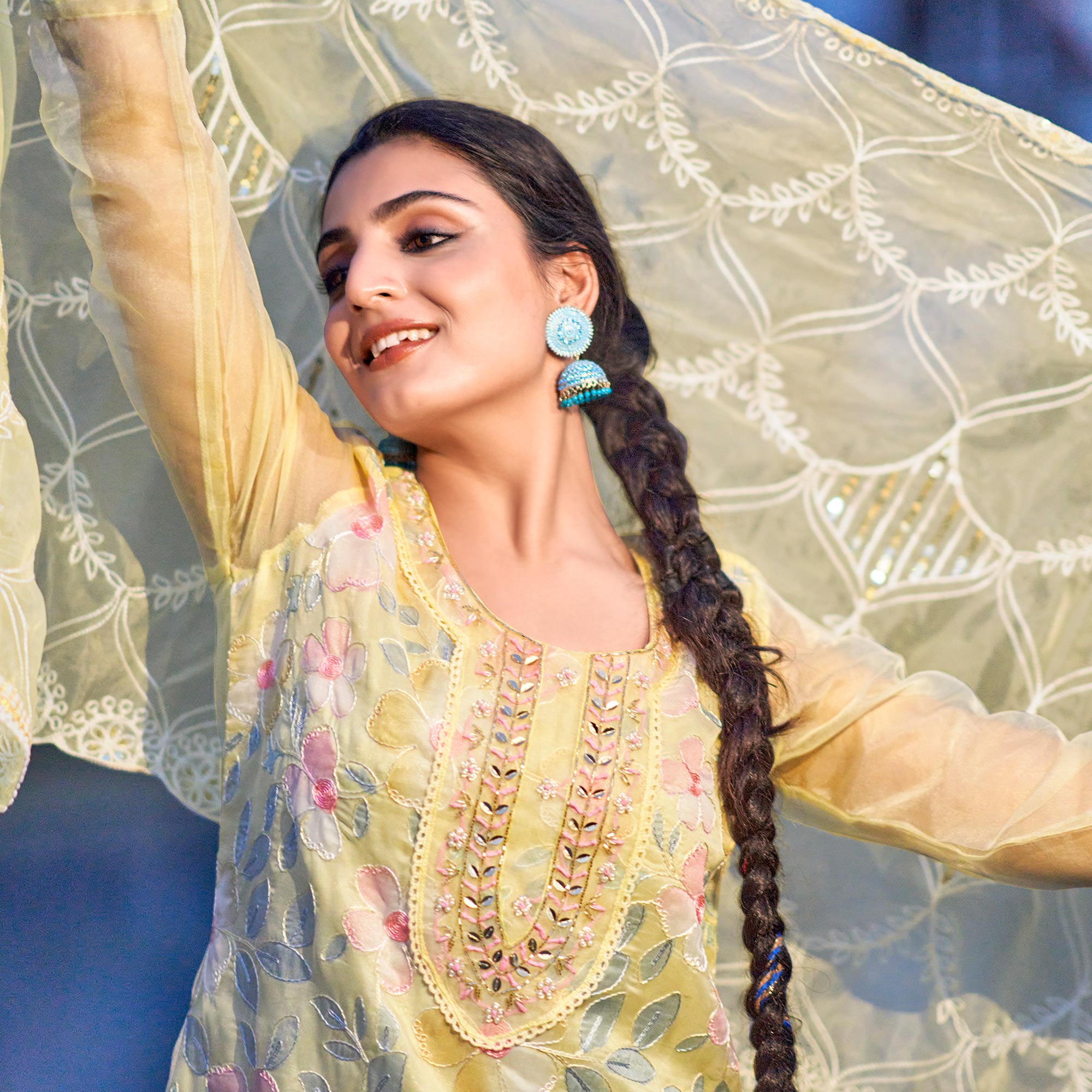 Yellow Printed With Handwork Organza Dress Material