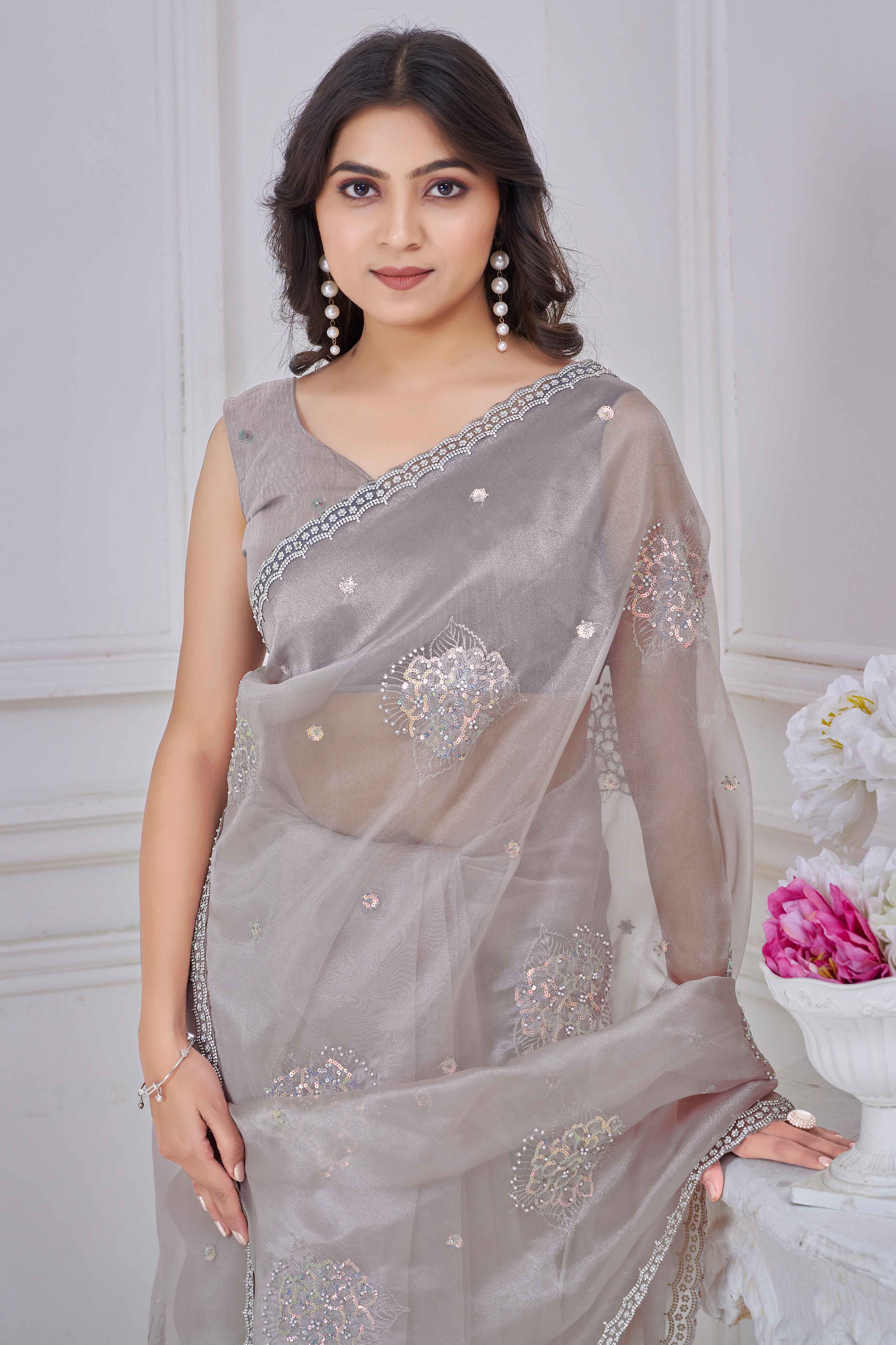 Pale Silver Sequins & Moti Work Organza Saree With Elegant Zarkan Border Detailing