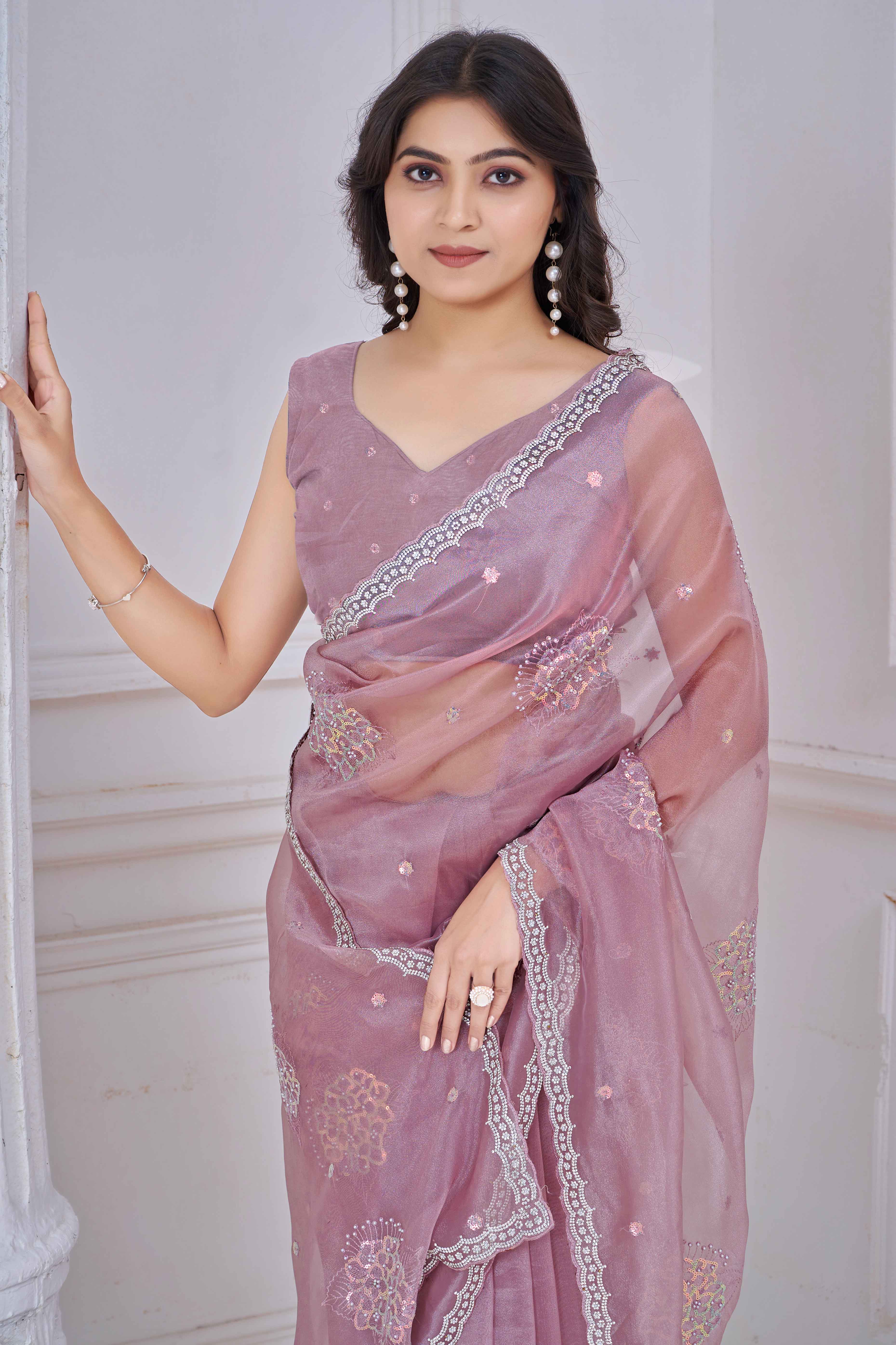 Mauve Sequins & Moti Work Organza Saree With Elegant Zarkan Border Detailing