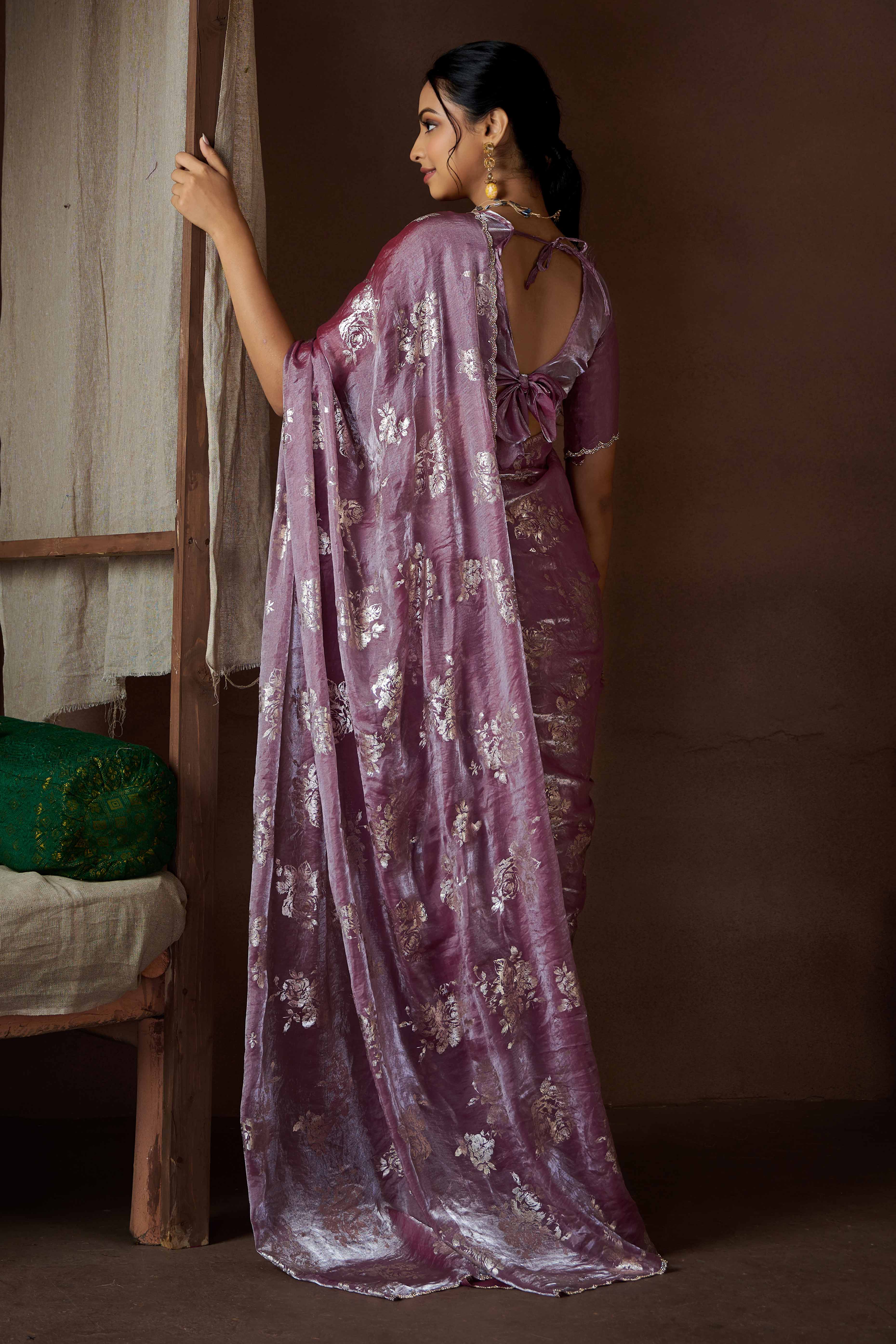 Wine Floral Foil Printed Satin Silk Saree With Zarkan Border