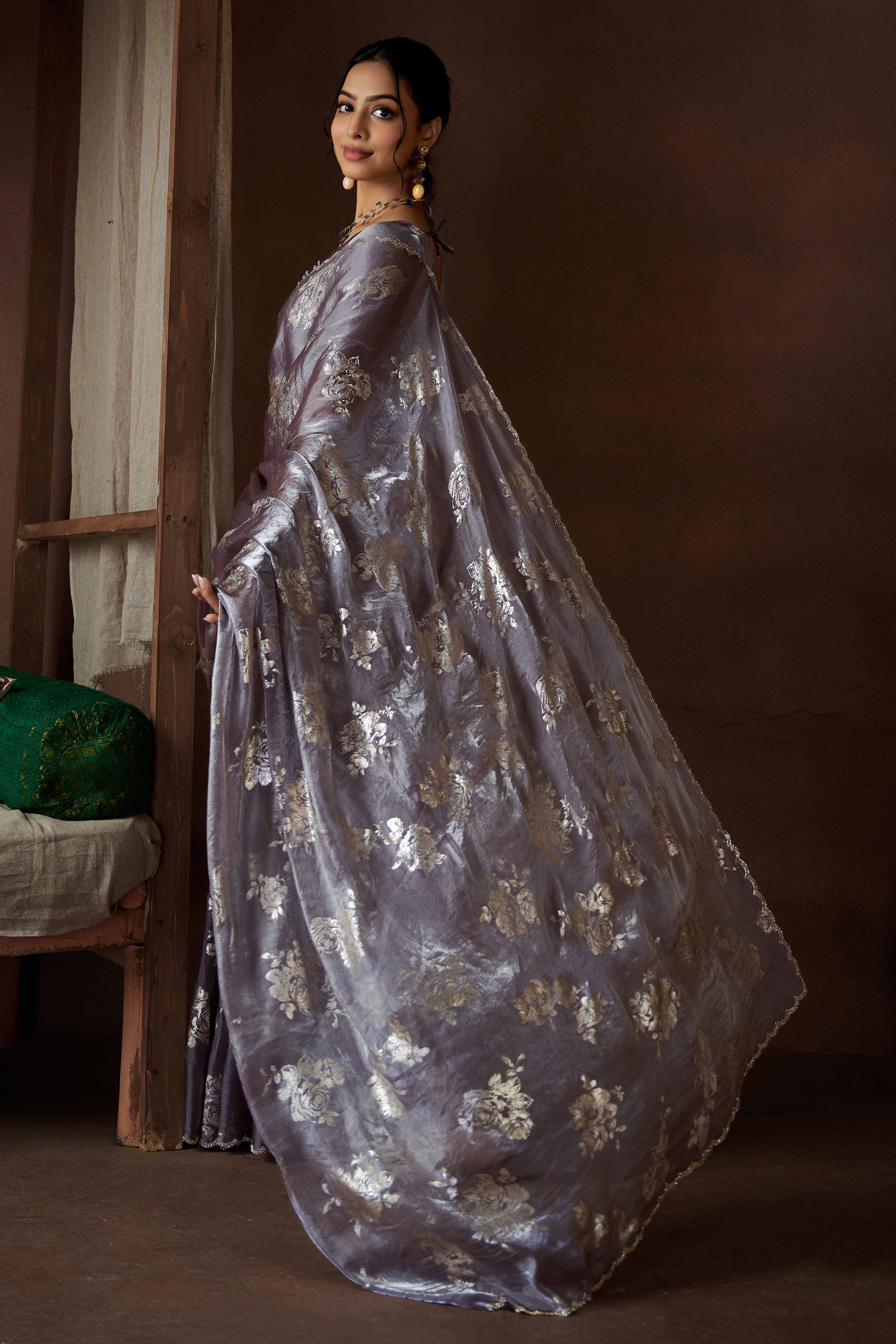 Grey Floral Foil Printed Satin Silk Saree With Zarkan Border