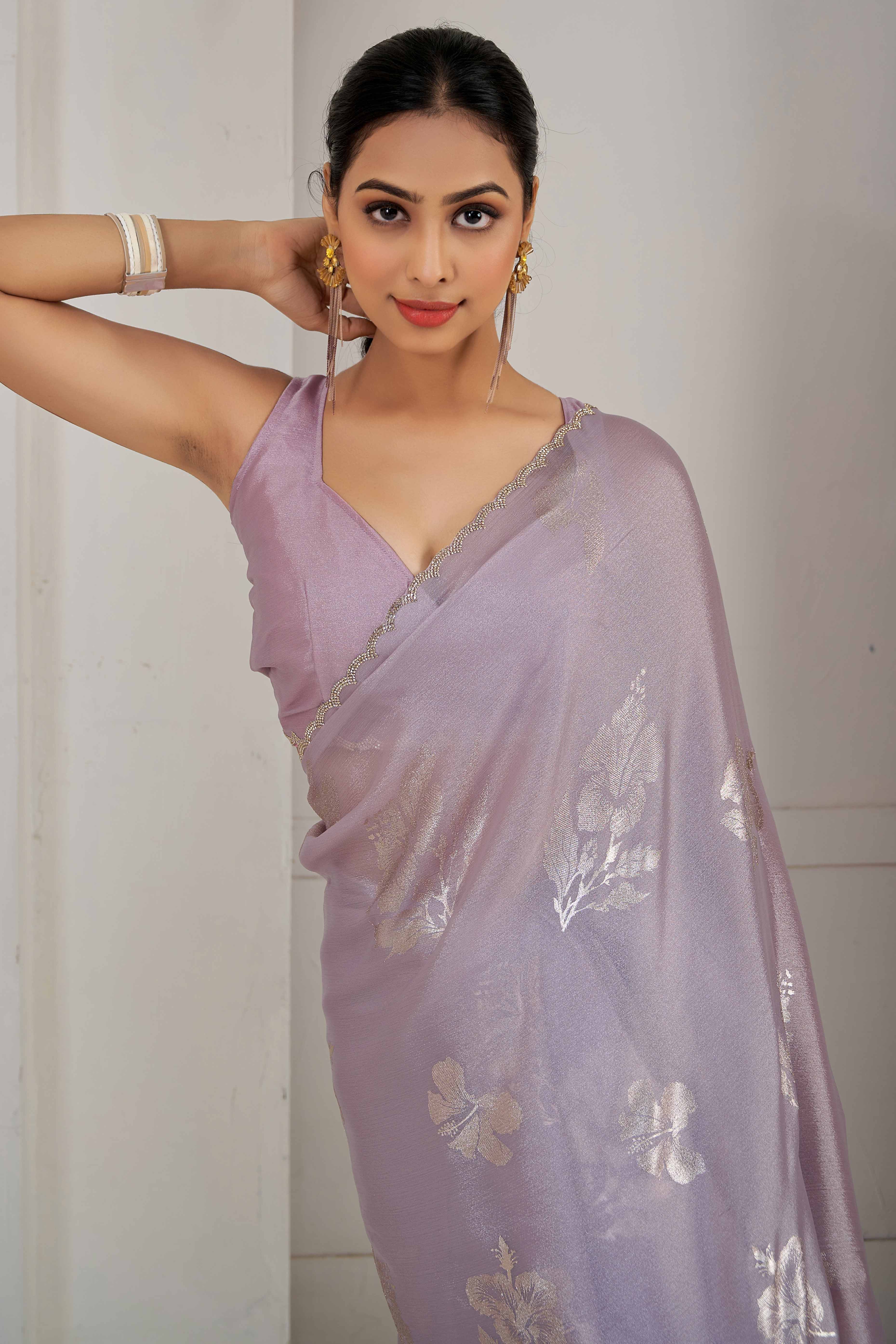 Lavender Floral Printed Stone Work Satin Saree