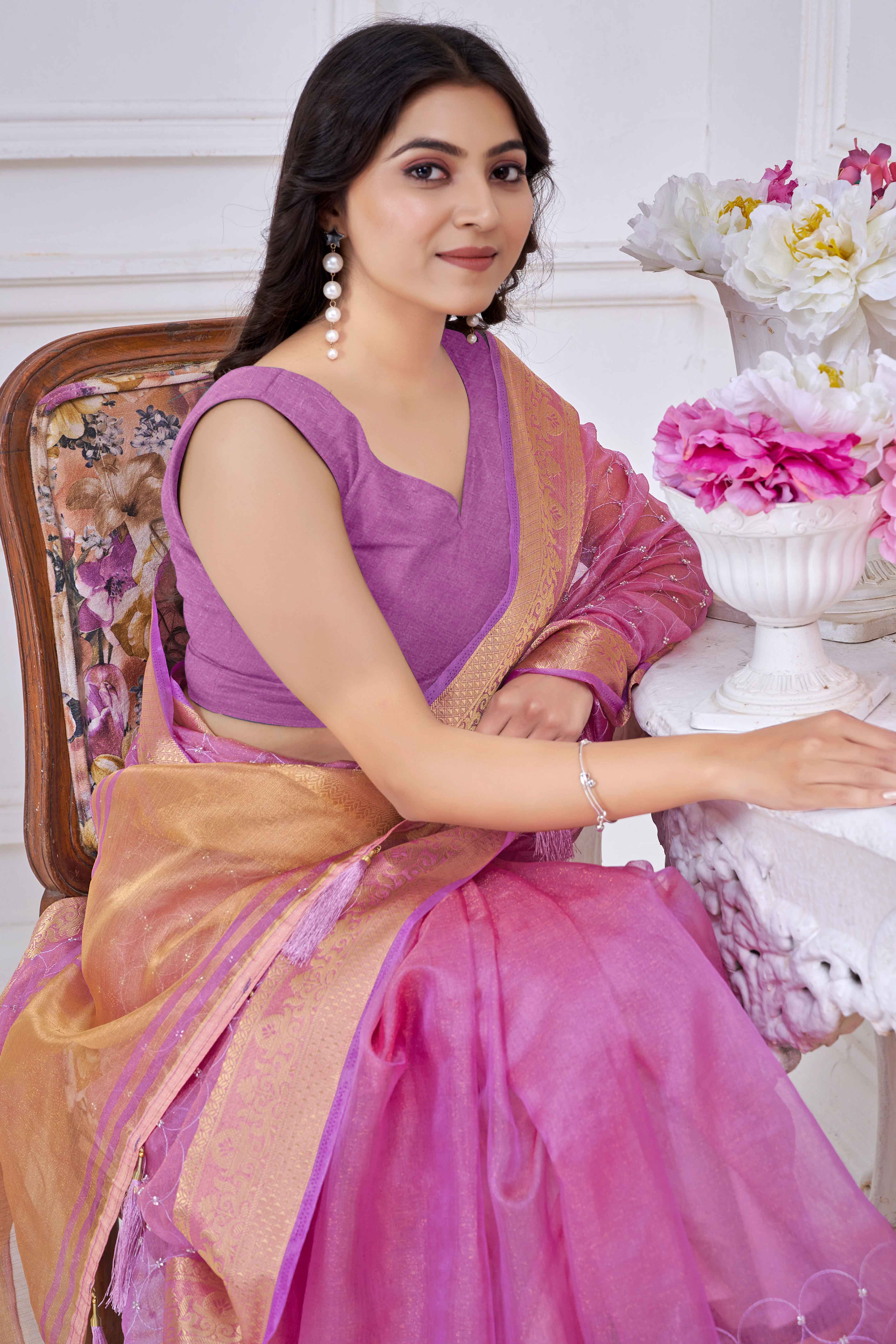 Purple Pure Jacquard Saree Weaving with Delicate Beads and Embroidery