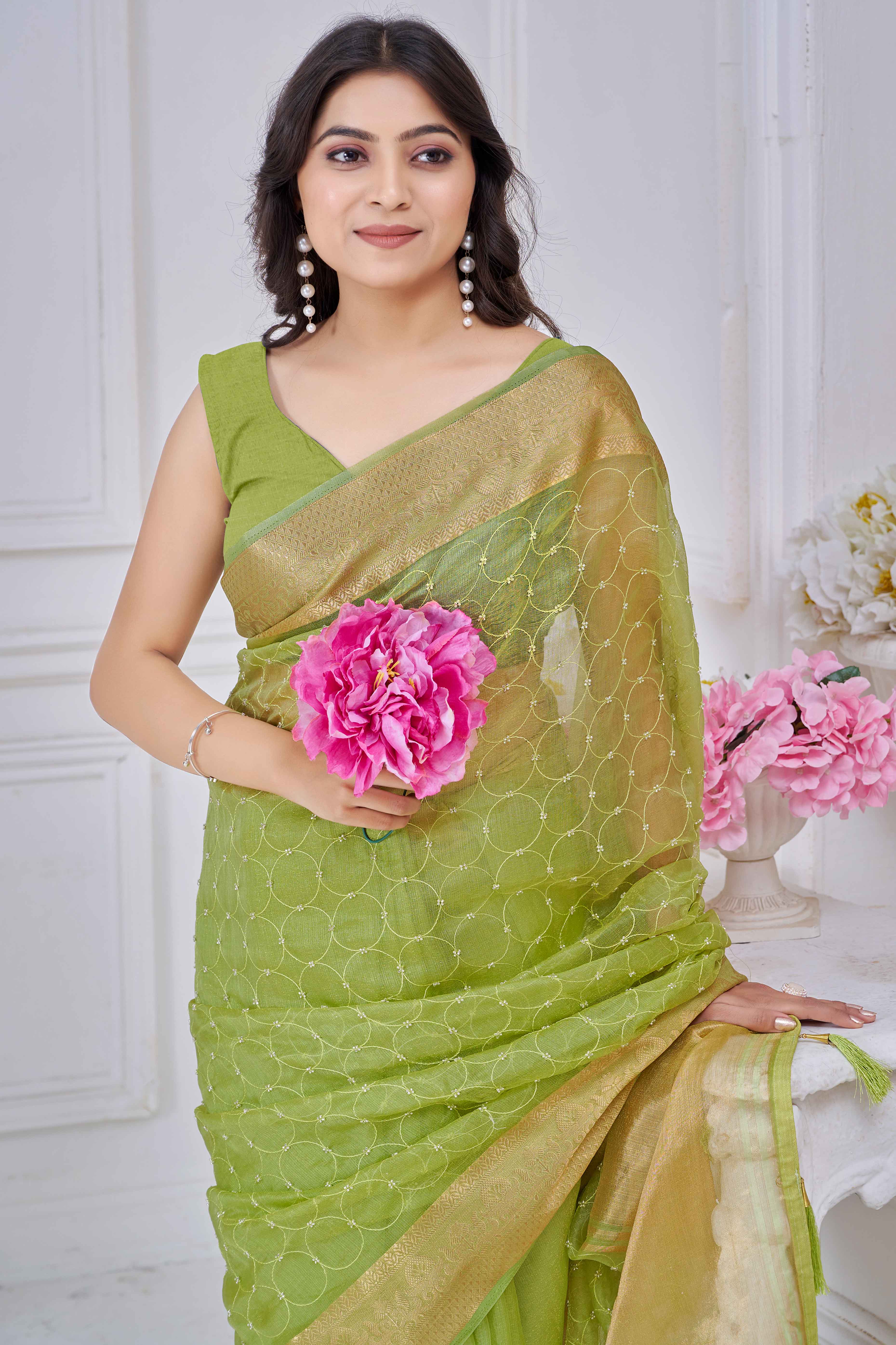 Green Pure Jacquard Saree Weaving with Delicate Beads and Embroidery