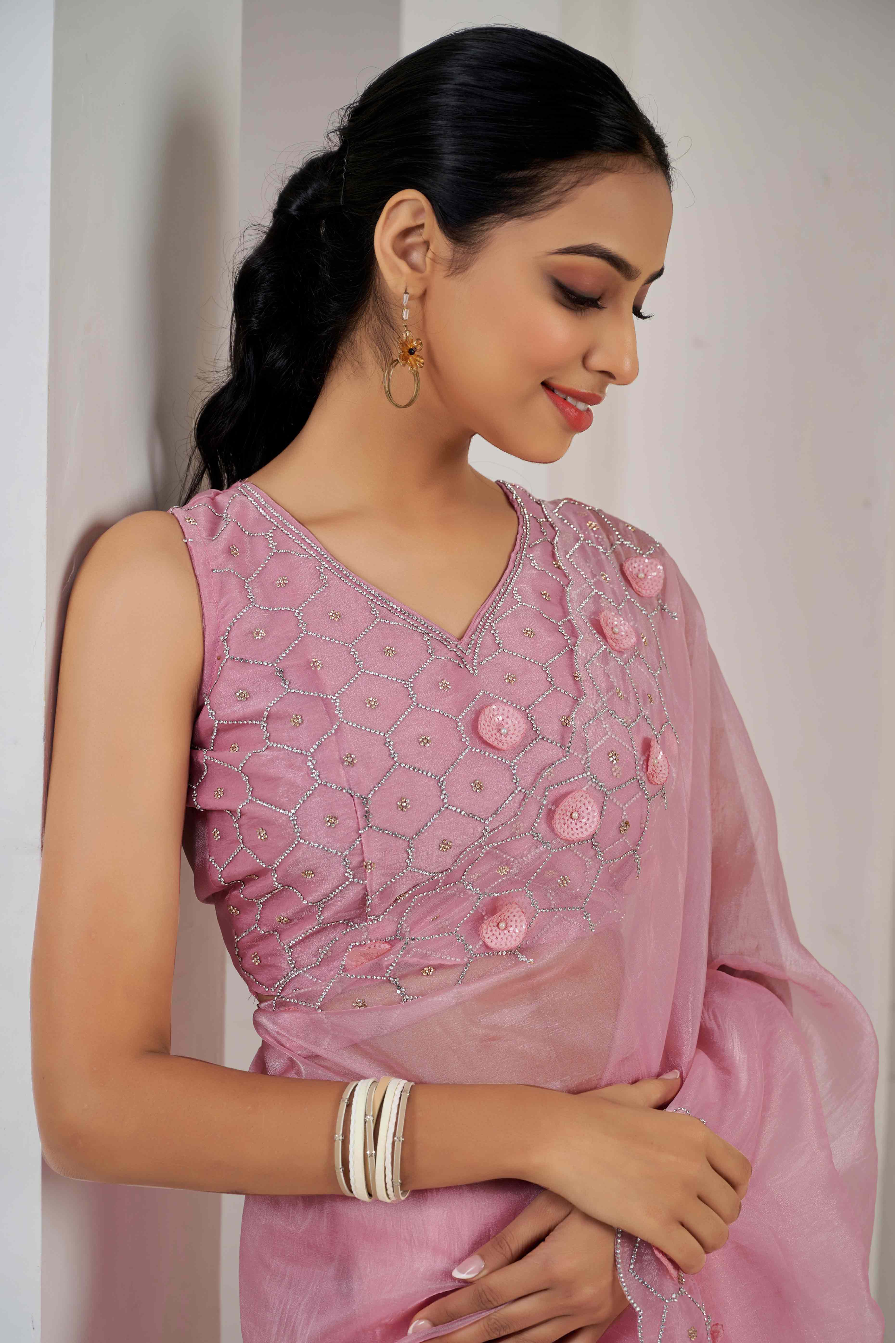 Peach Stone Work Soft Organza Saree