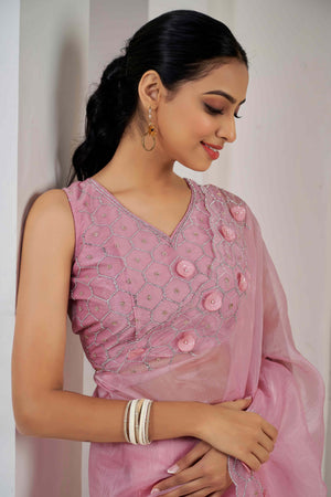 Peach Stone Work Soft Organza Saree
