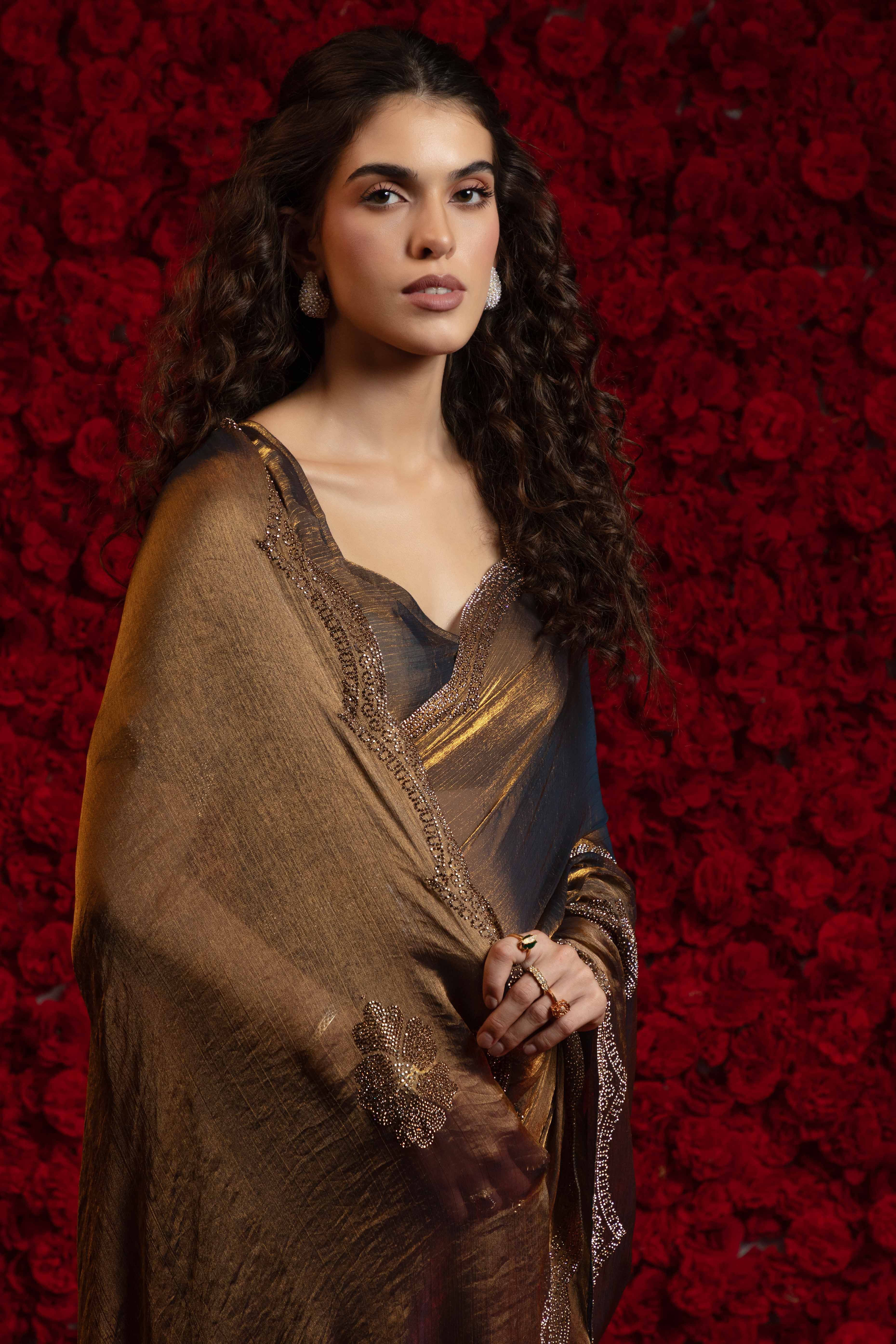 Coffee Brown Stone Work Embellished Satin Chiffon Partywear Saree